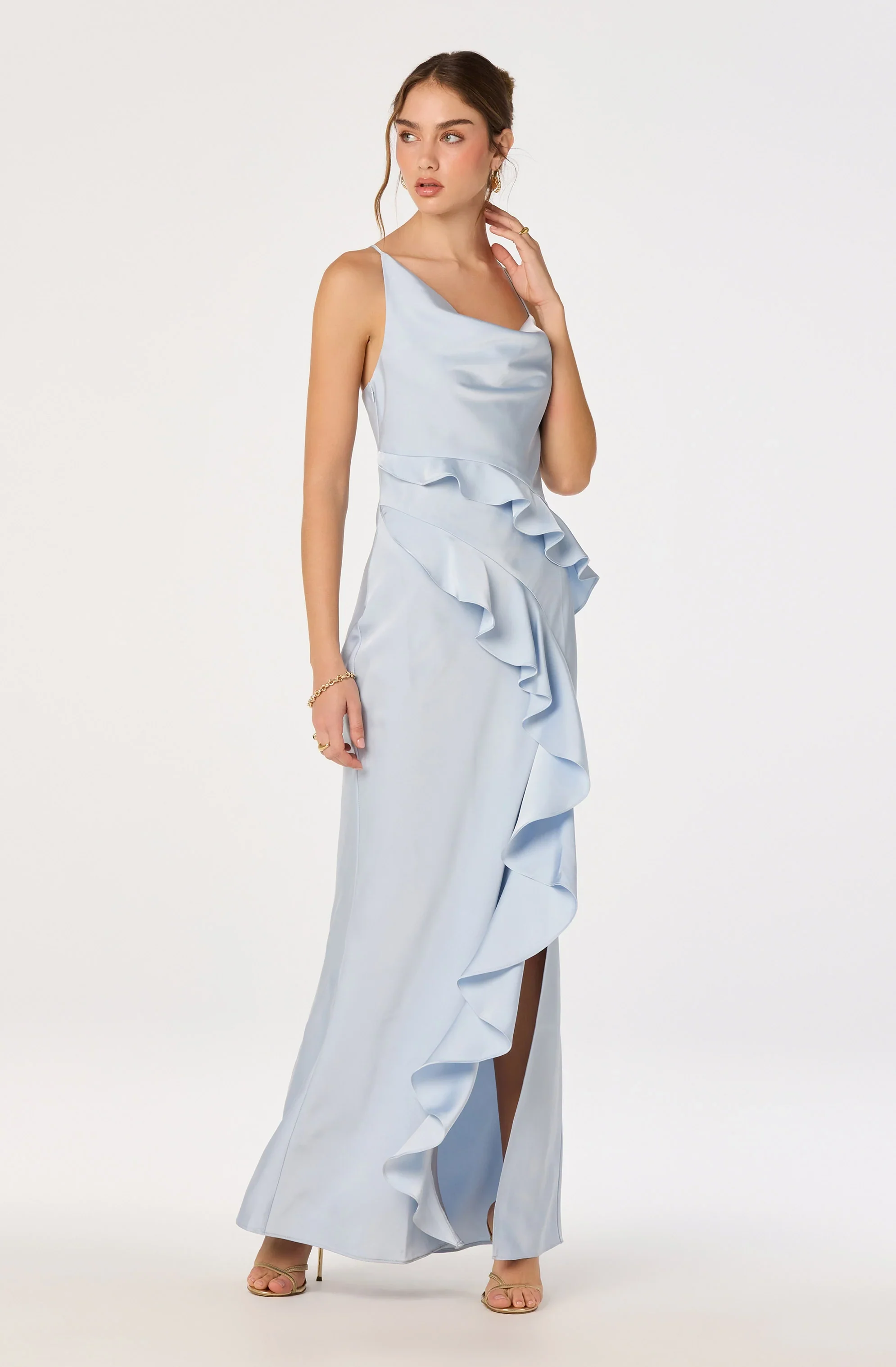 Adelina Satin Ruffle Maxi Dress