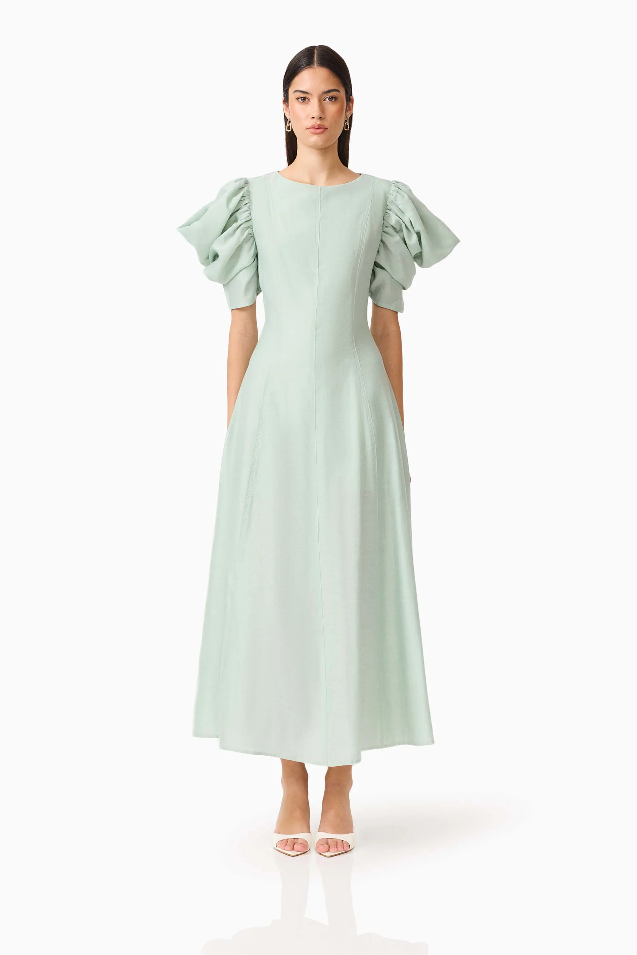 CURAAE Isaline Puff Sleeve Midi Dress in Sage Green