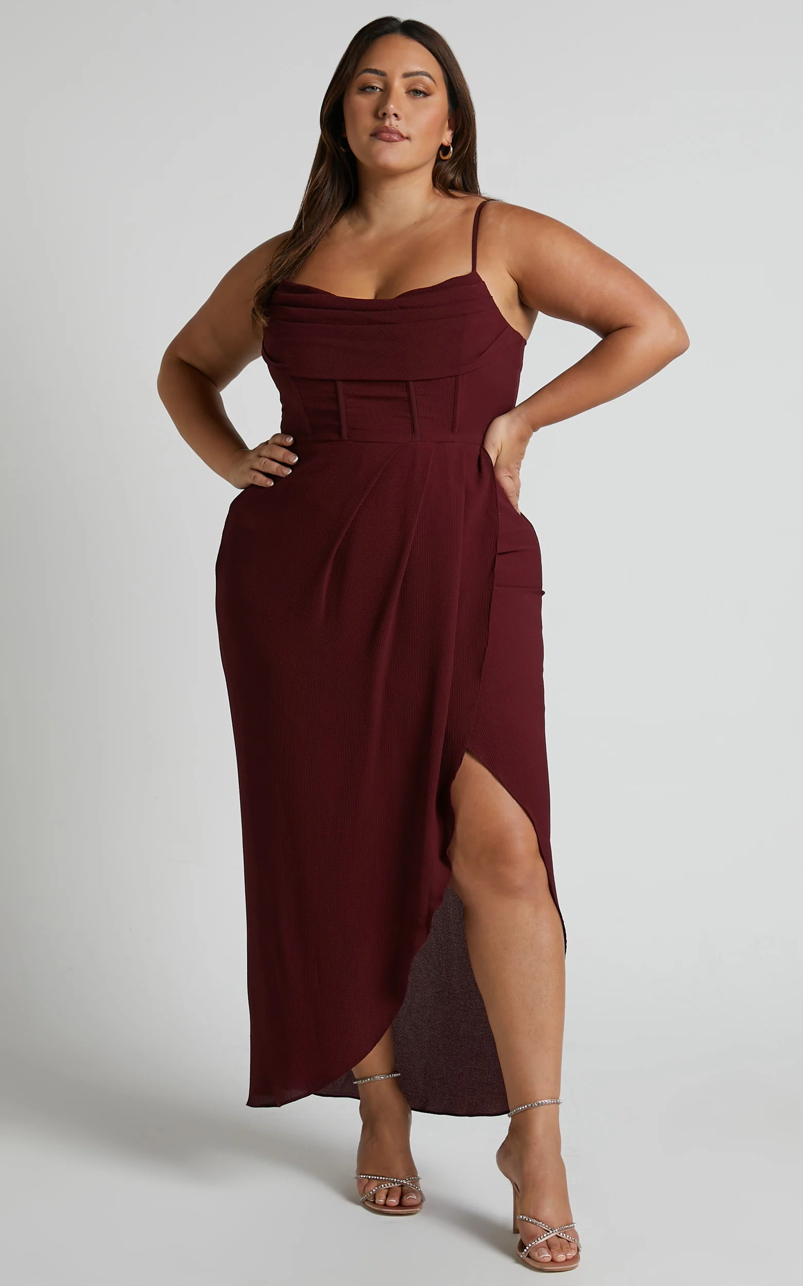 Andrina Midi Dress - High Low Wrap Corset Dress in Wine