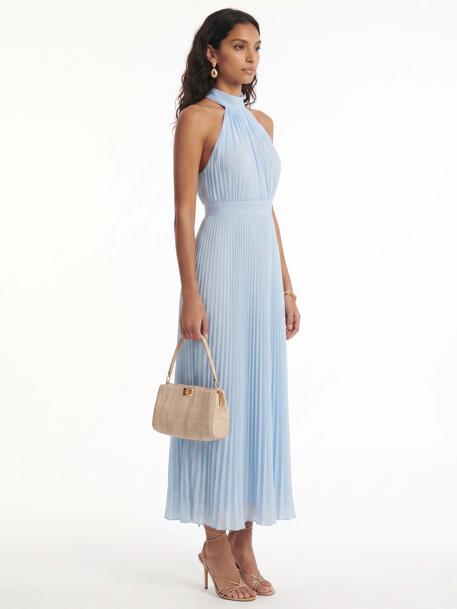 Sky Pleat Halter Midi Dress