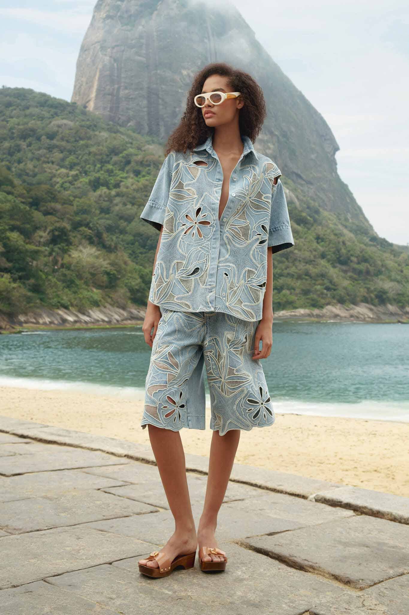 Denim Sea Desire Embroidered Bermuda Shorts