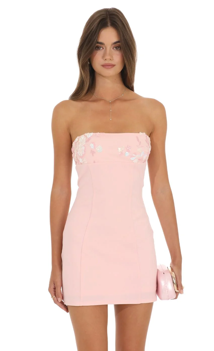 Strapless Floral Mini Dress in Pink