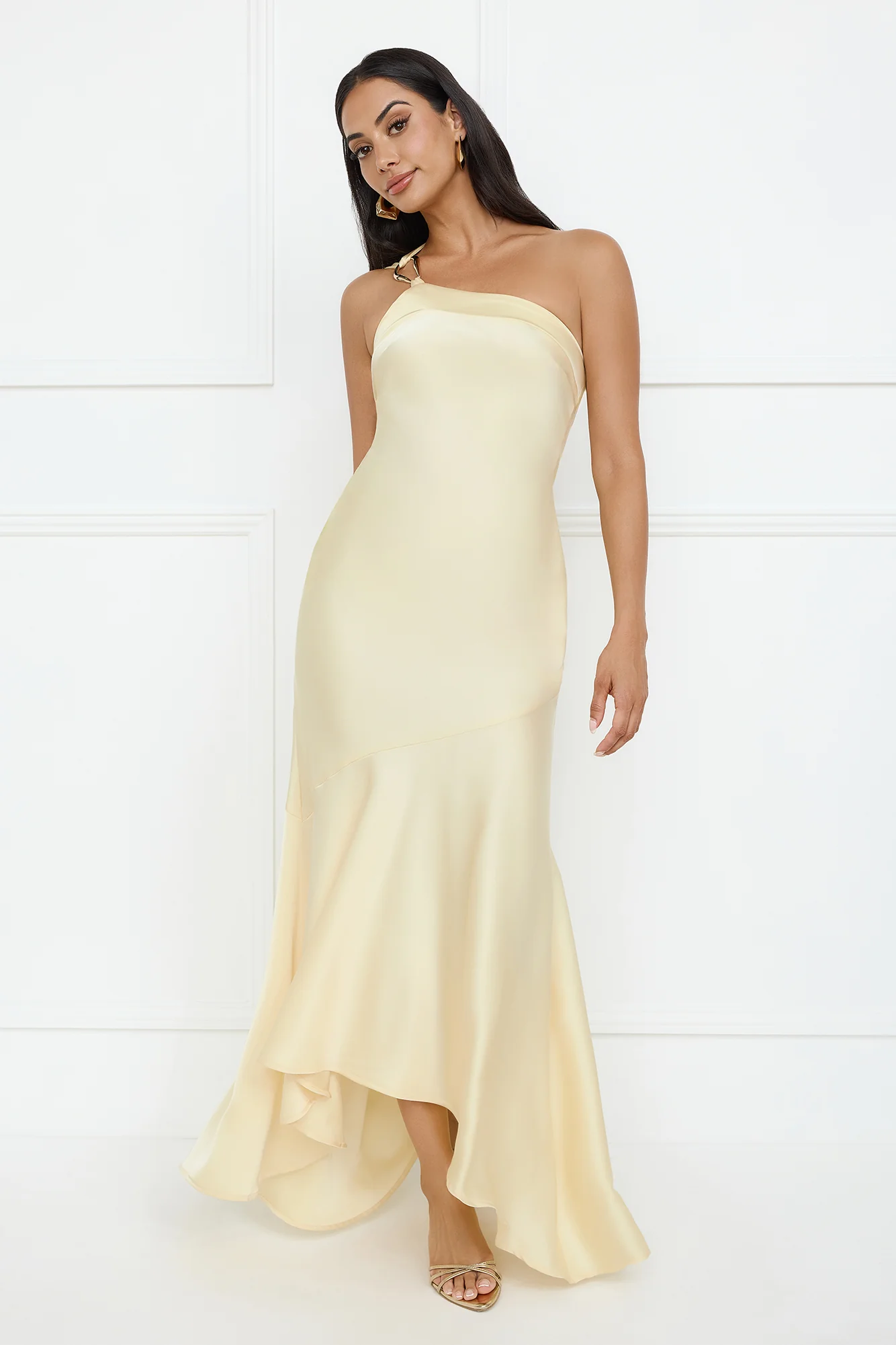 Masquerade Energy One Shoulder Satin Maxi Dress Yellow