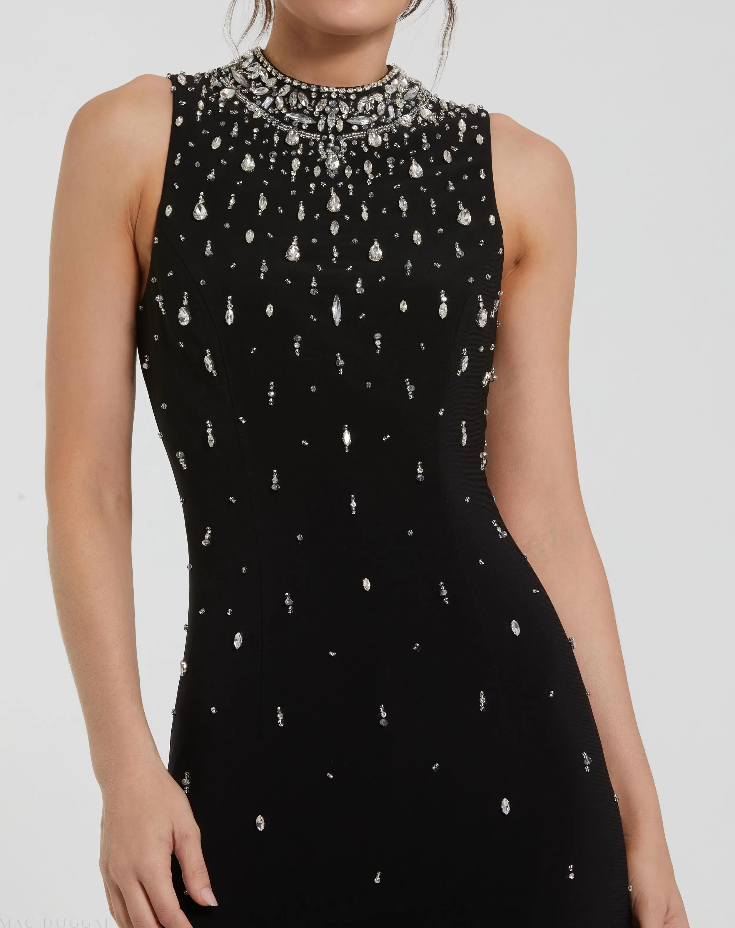 Black Rhinestone Embellished Sleeveless Crepe Gown - luluinthesky
