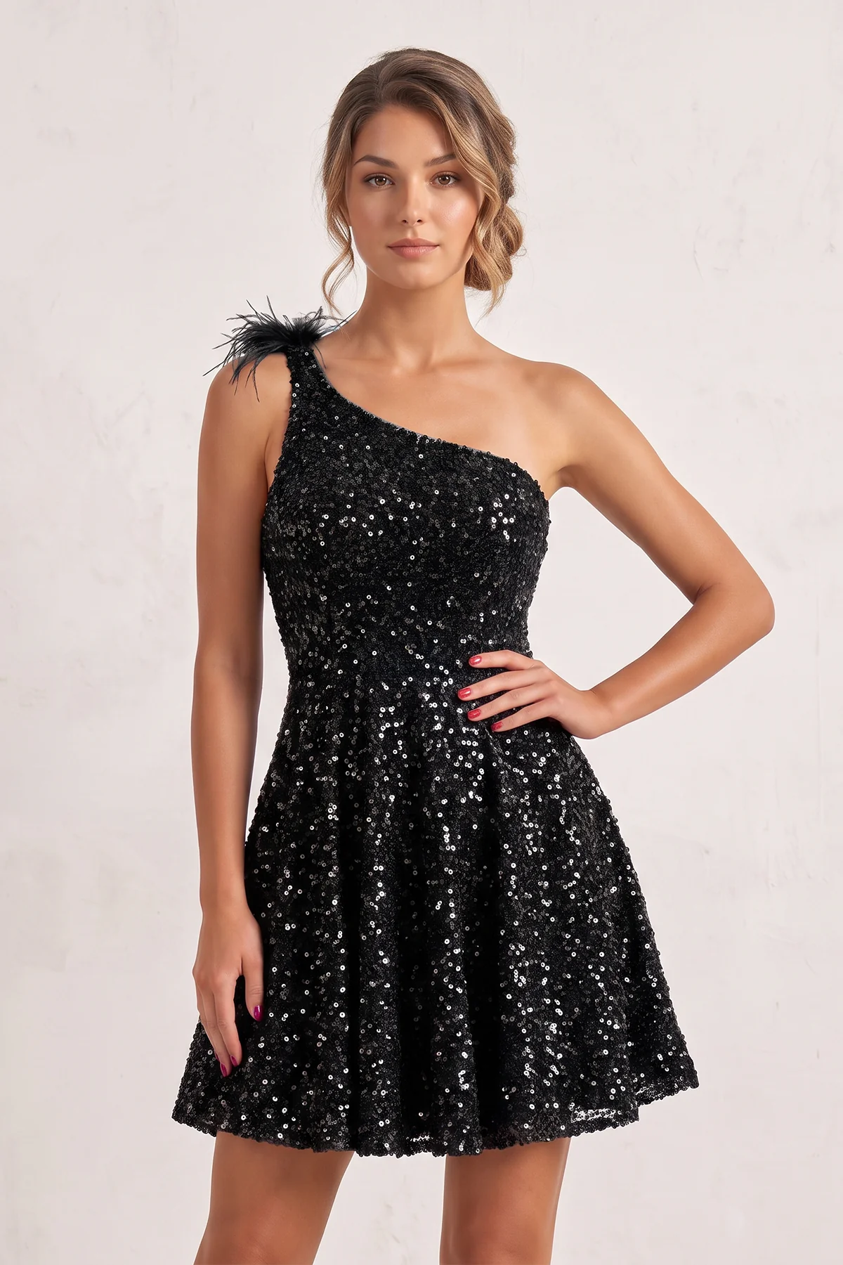 Royal Blue One Shoulder A Line Sequins Homecoming Dresses With Feathers
