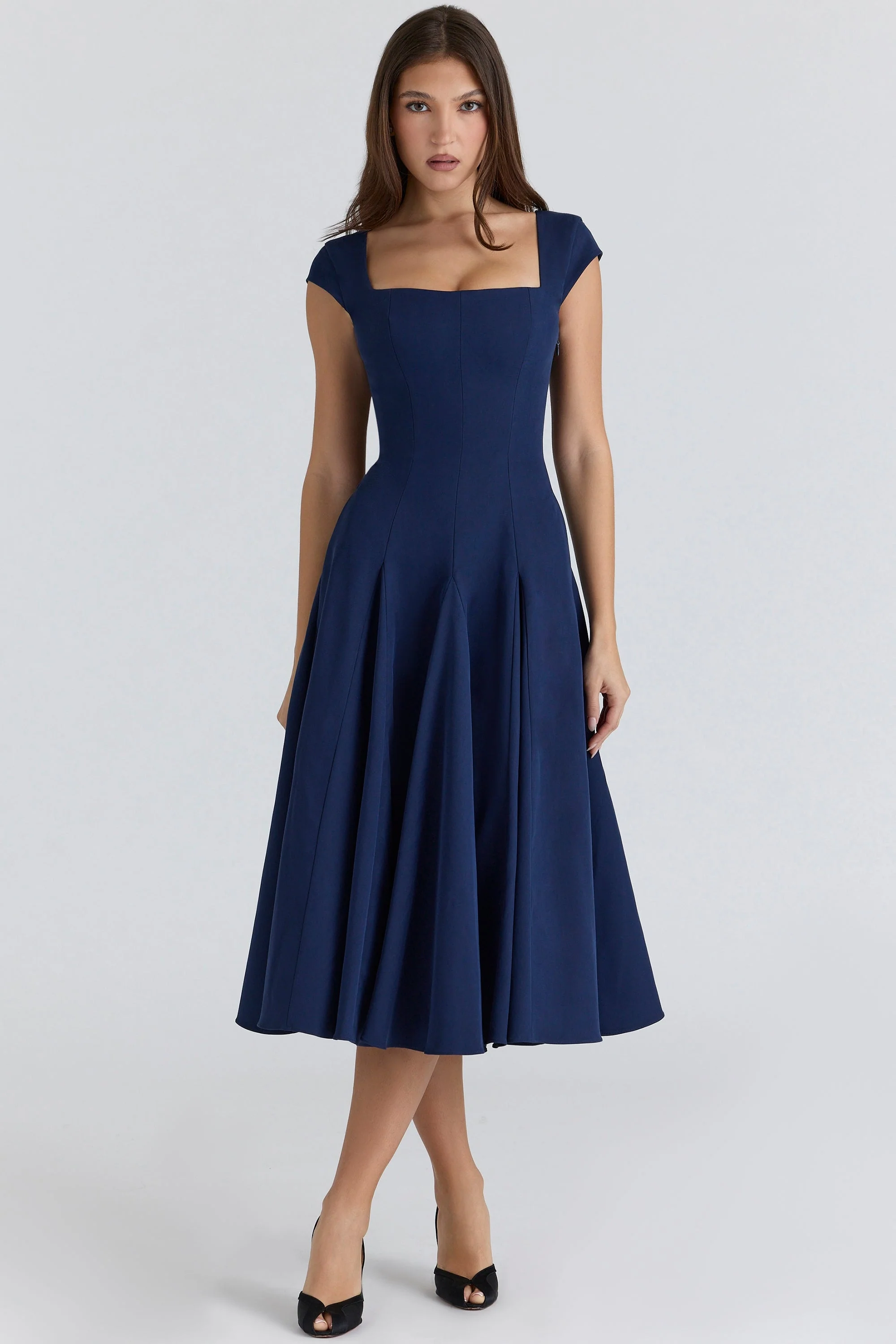 navy lace back twill midi dress