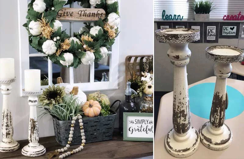 Distressed Wooden Candle Holders  Set of 2