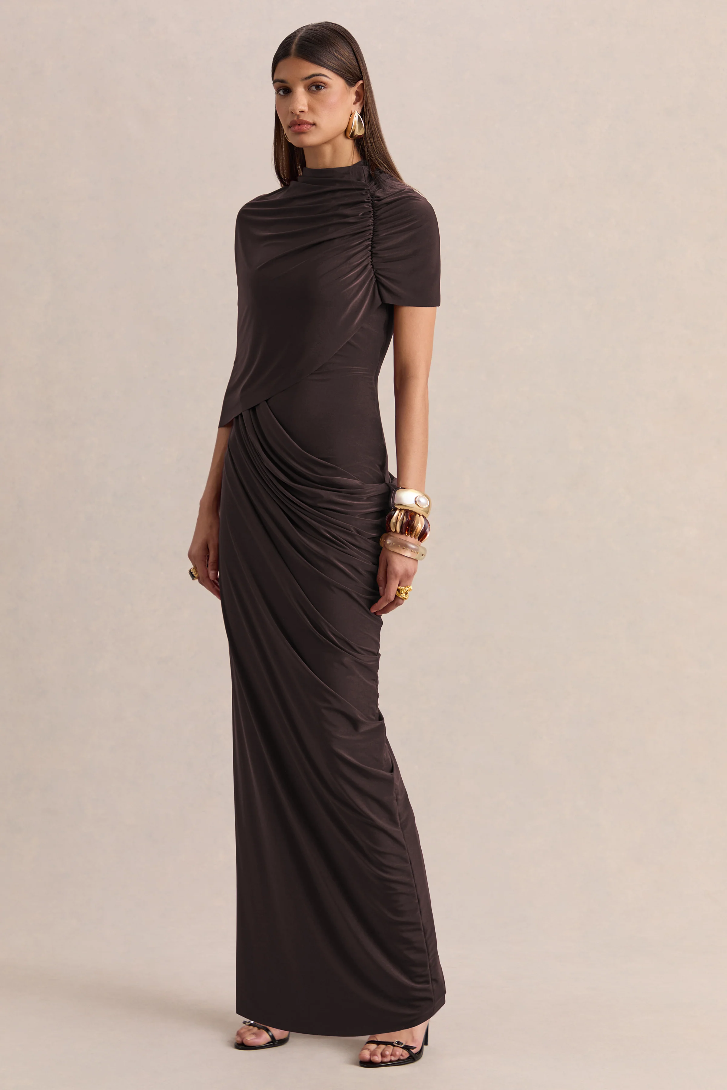Lunaline | Brown High-Neck Maxi Dress With Asymmetric Cape And Draped-Detailing