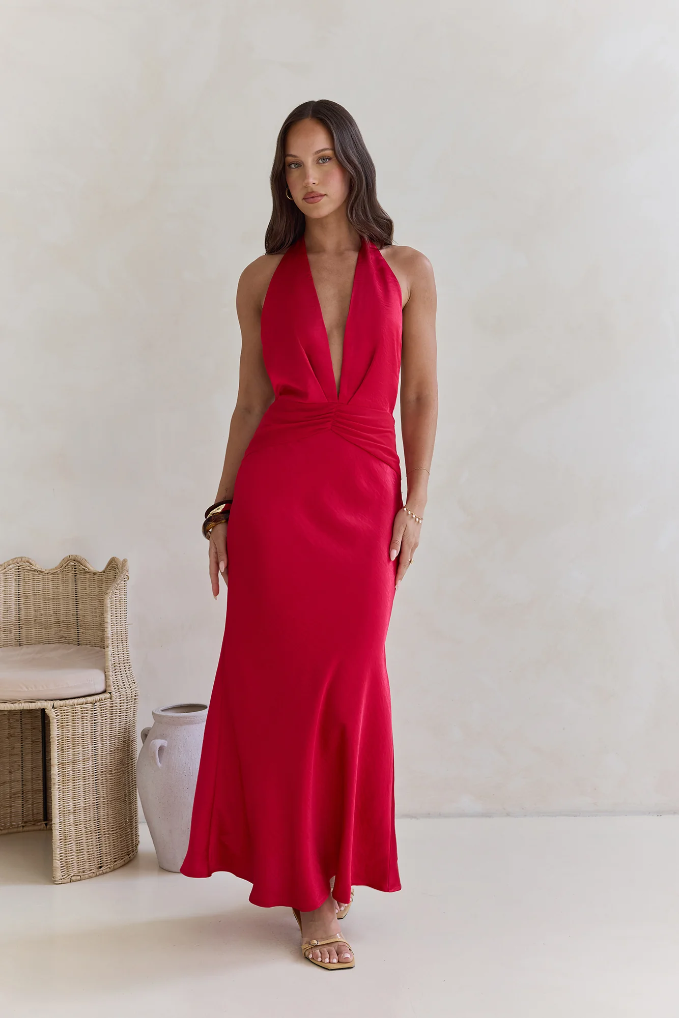 Got A Feeling Halter Satin Maxi Dress Red - luluinthesky