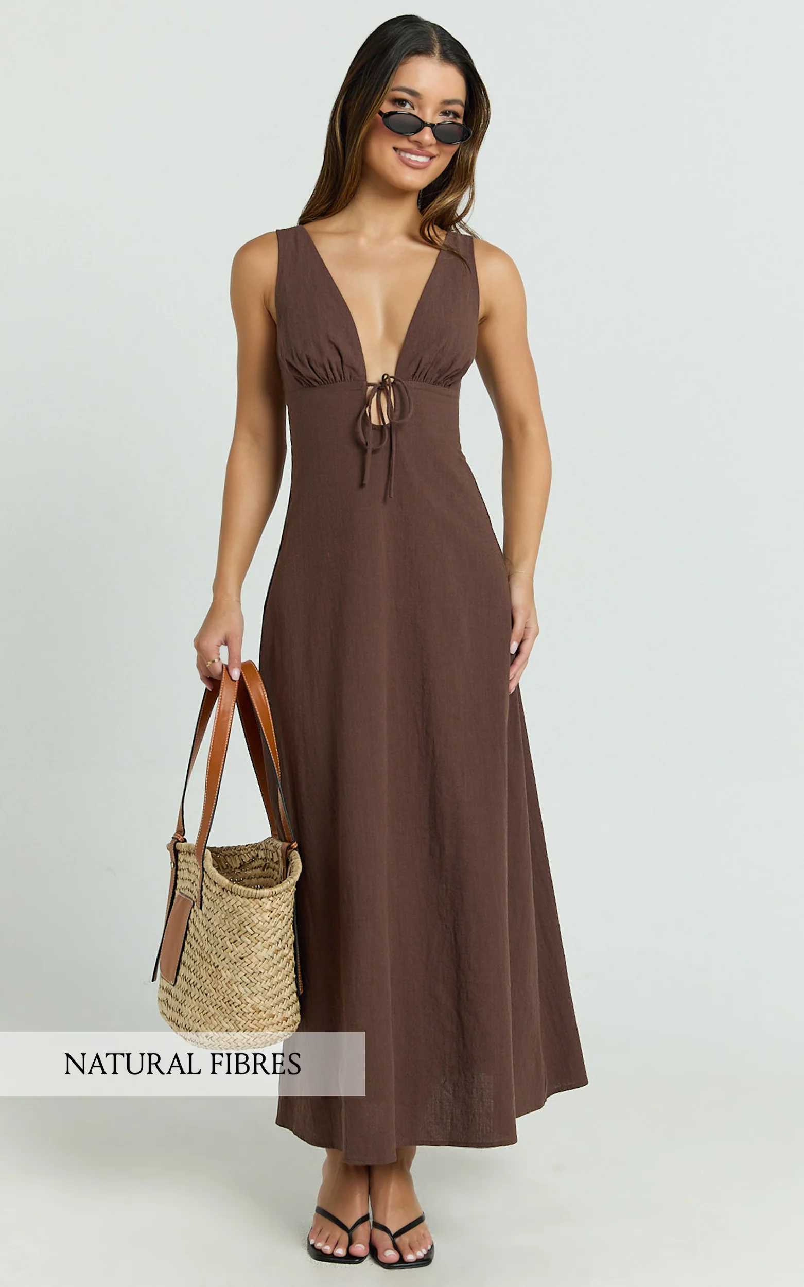 Silvena Midi Dress - Plunge Neckline Tie Front A Line Dress in Chocolate