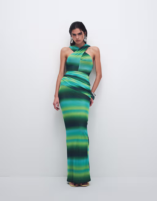 Ruched & Ready mesh cross front racer neck draped waist detail maxi dress in blue and green ombré