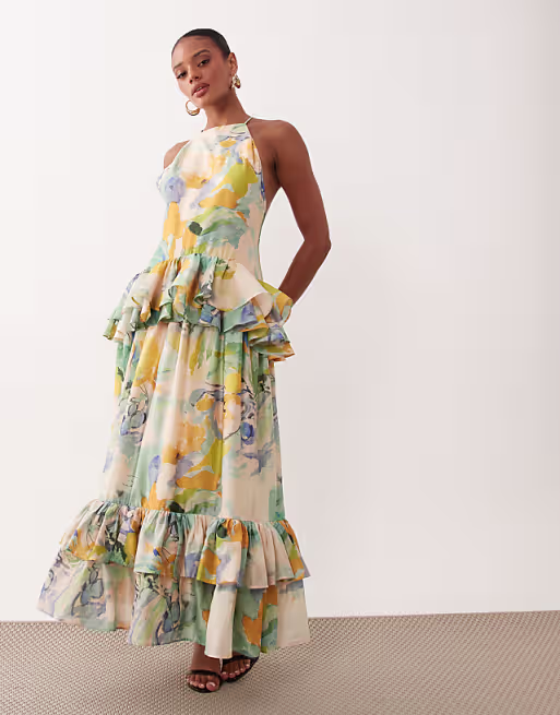 pinny double layer maxi dress with ruffle detail in blue and yellow abstract print