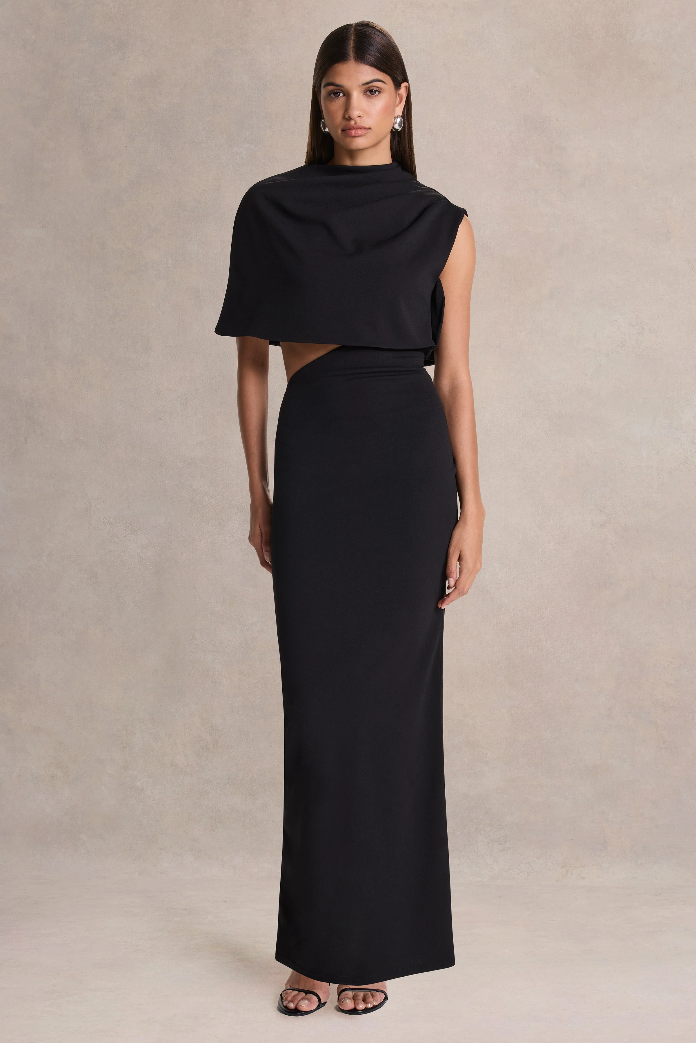 Roseth | Black High-Neck Maxi Dress With Removable Cape