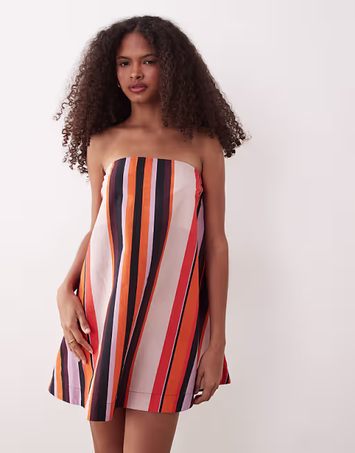 cotton linen bandeau mini sundress in orange and pink sunset stripe