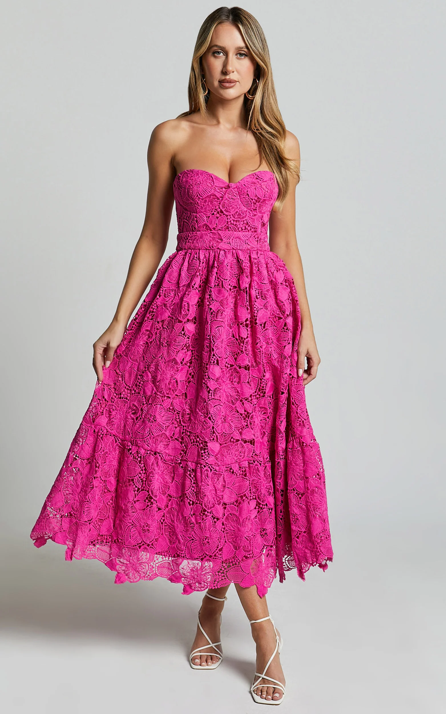 Gabriela Midi Dress - Strapless Lace Dress in Magenta