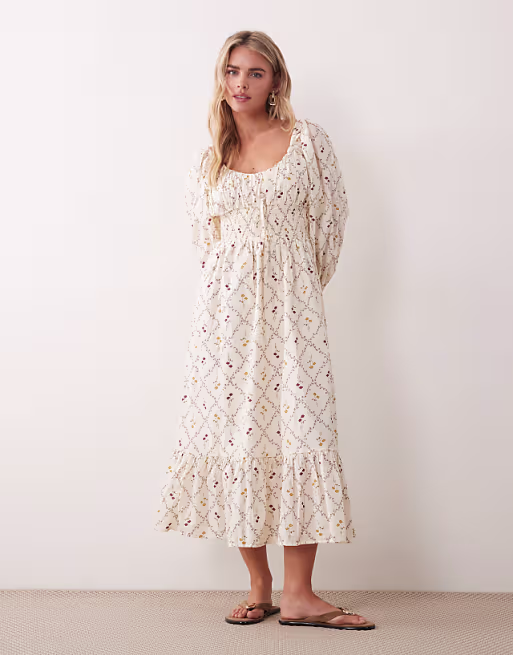 Miss Selfridge Petite milkmaid maxi dress in yellow floral print