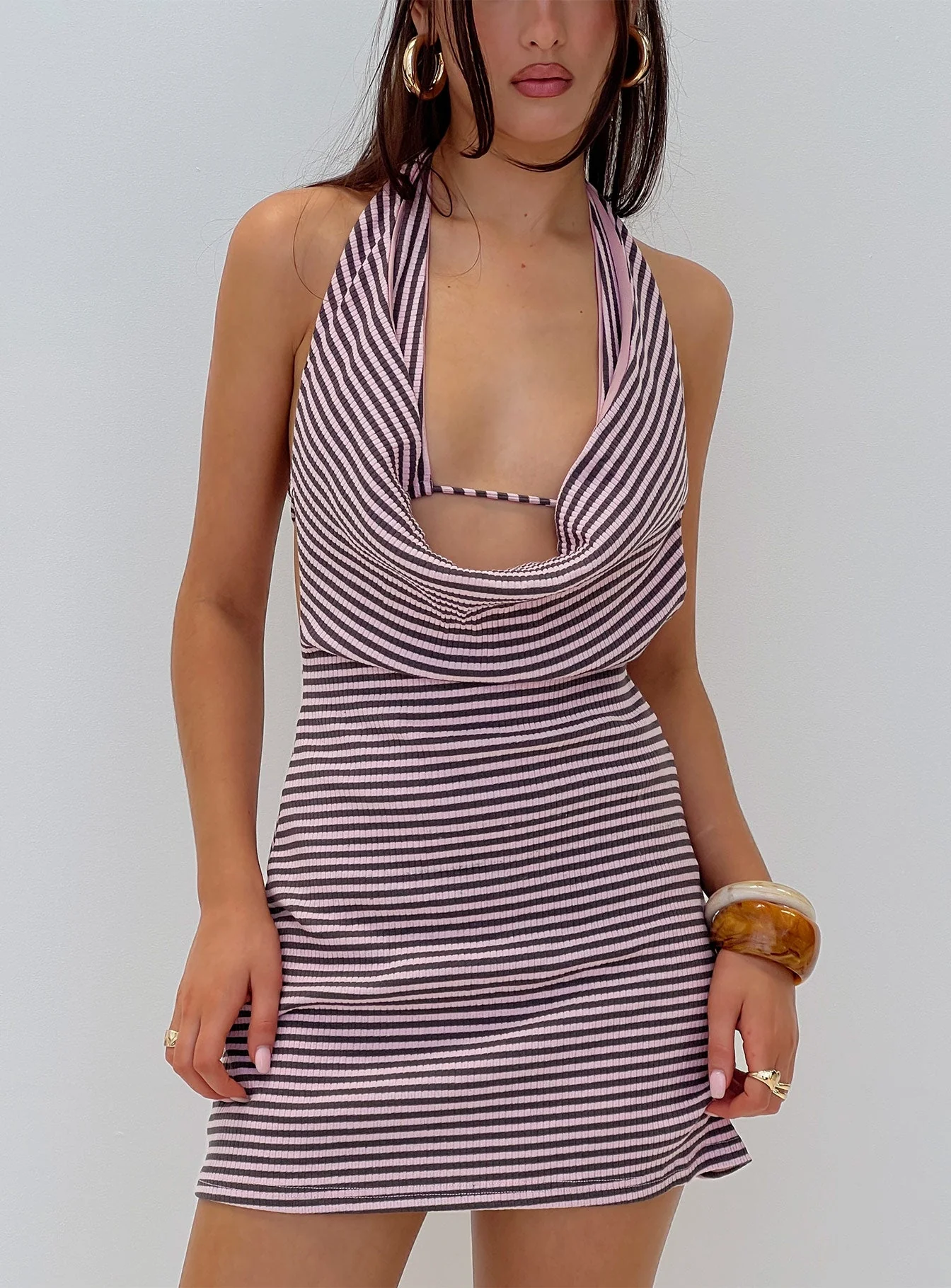 Quenna Halter Cowl Neck Mini Dress Multi Stripe