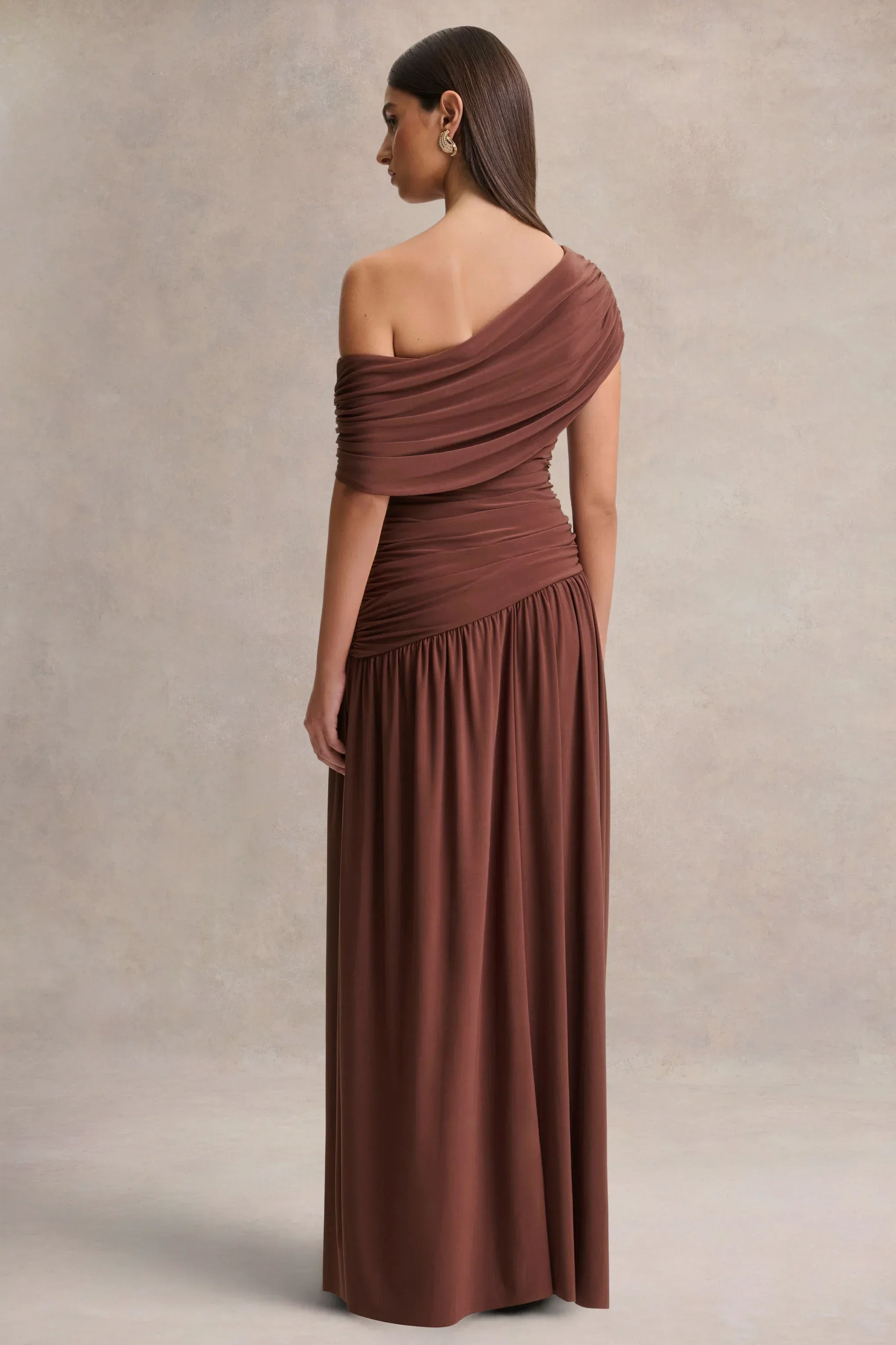 Emberly | Brown Draped Asymmetric-Neck Maxi Dress With Drop-Waist