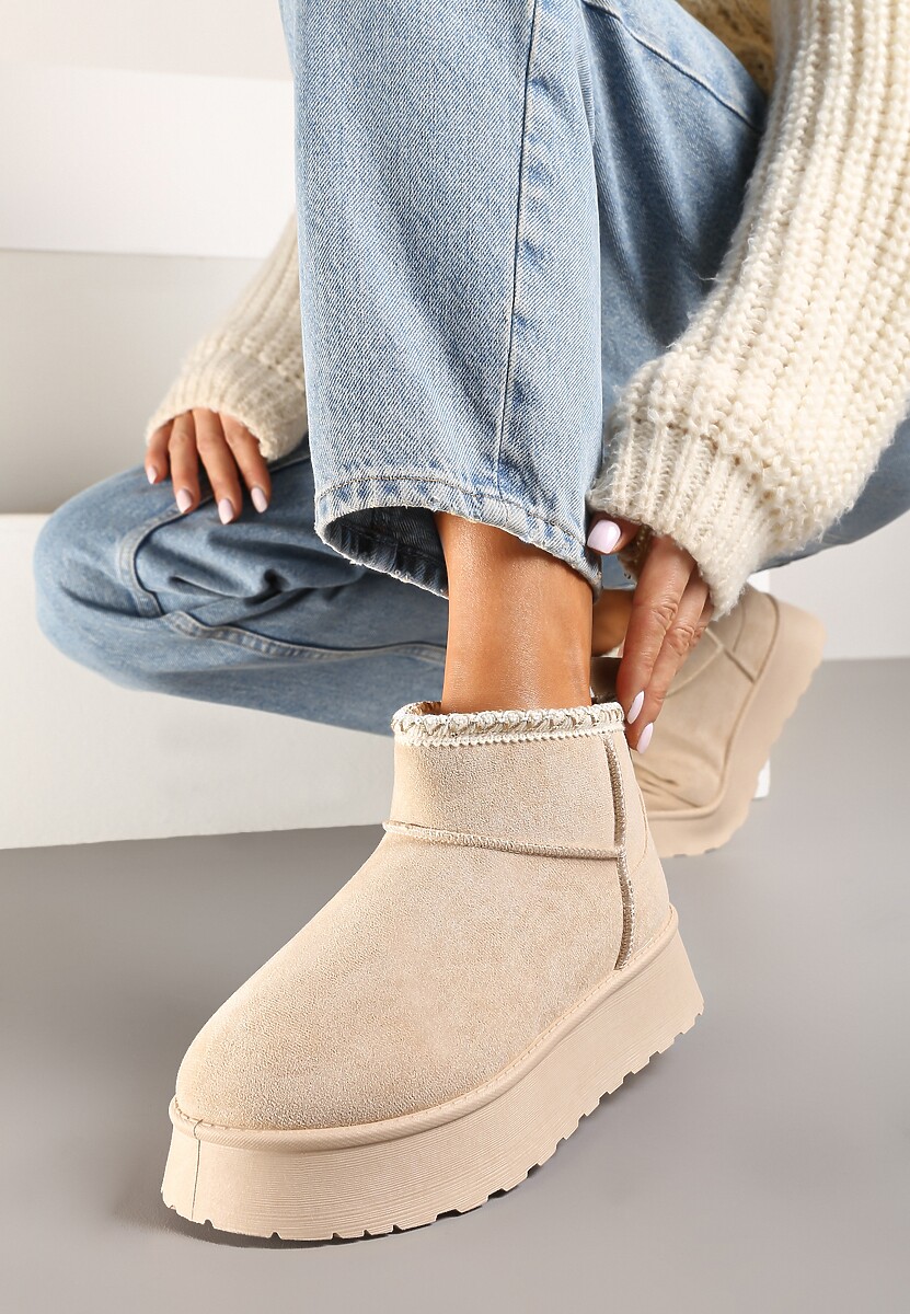Ciemnobeżowe Śniegowce na Platformie Ozdobione Haftem Deccaria