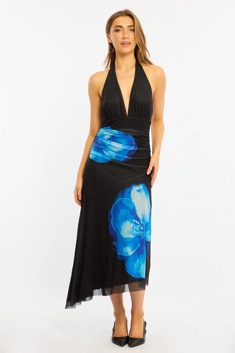 Blue Floral Halter Neck Midi Dress