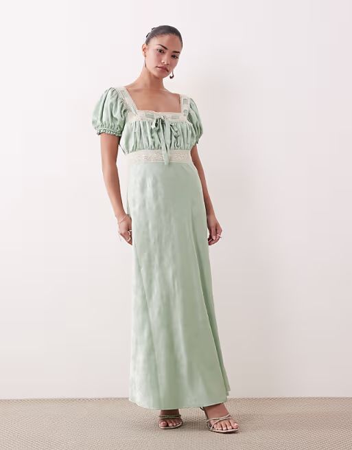 Hope & Ivy Petite satin square neck lace detail puff sleeve maxi dress in green jacquard
