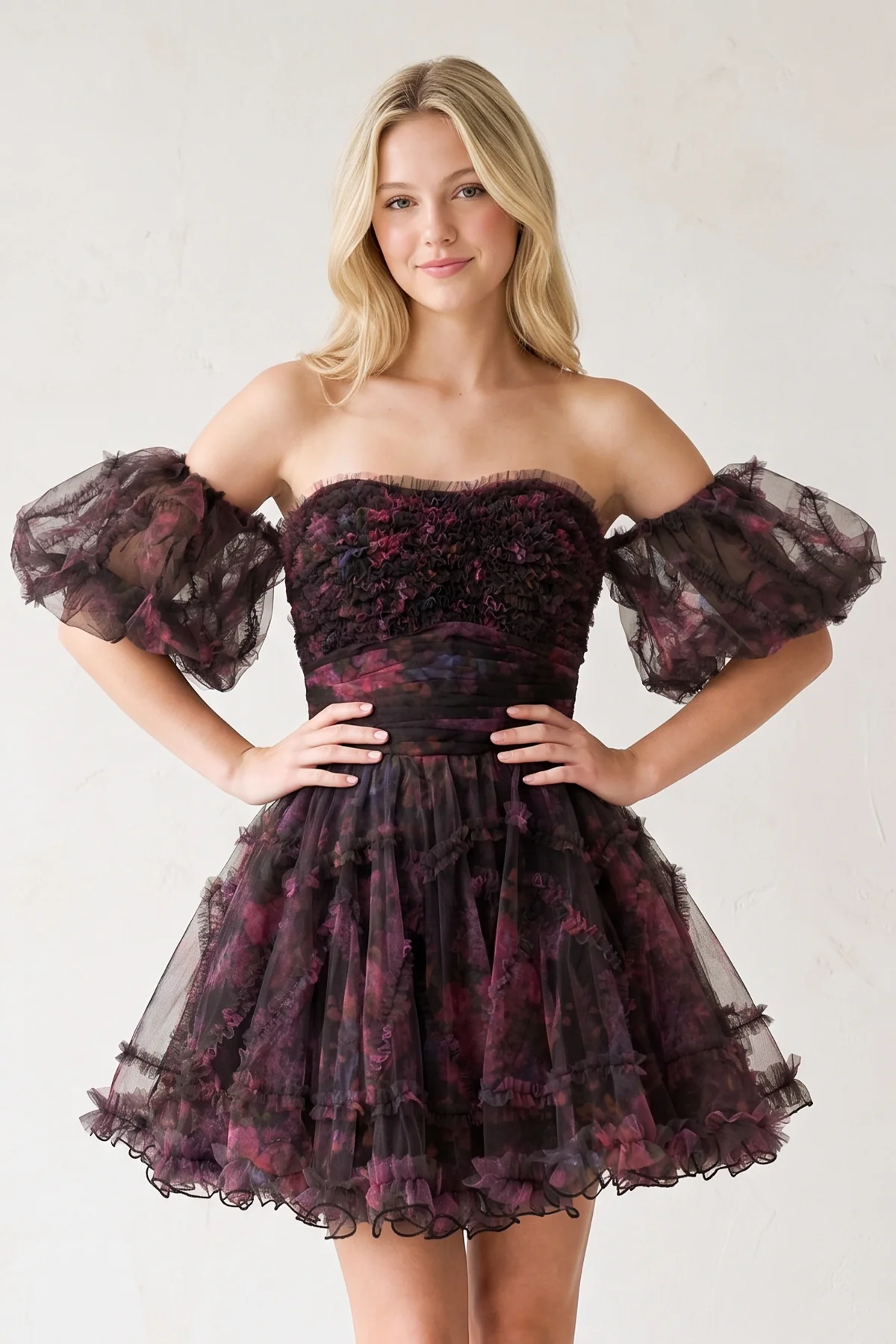 Blue Puff Sleeves Ruffles A-line Prints Homecoming Dress