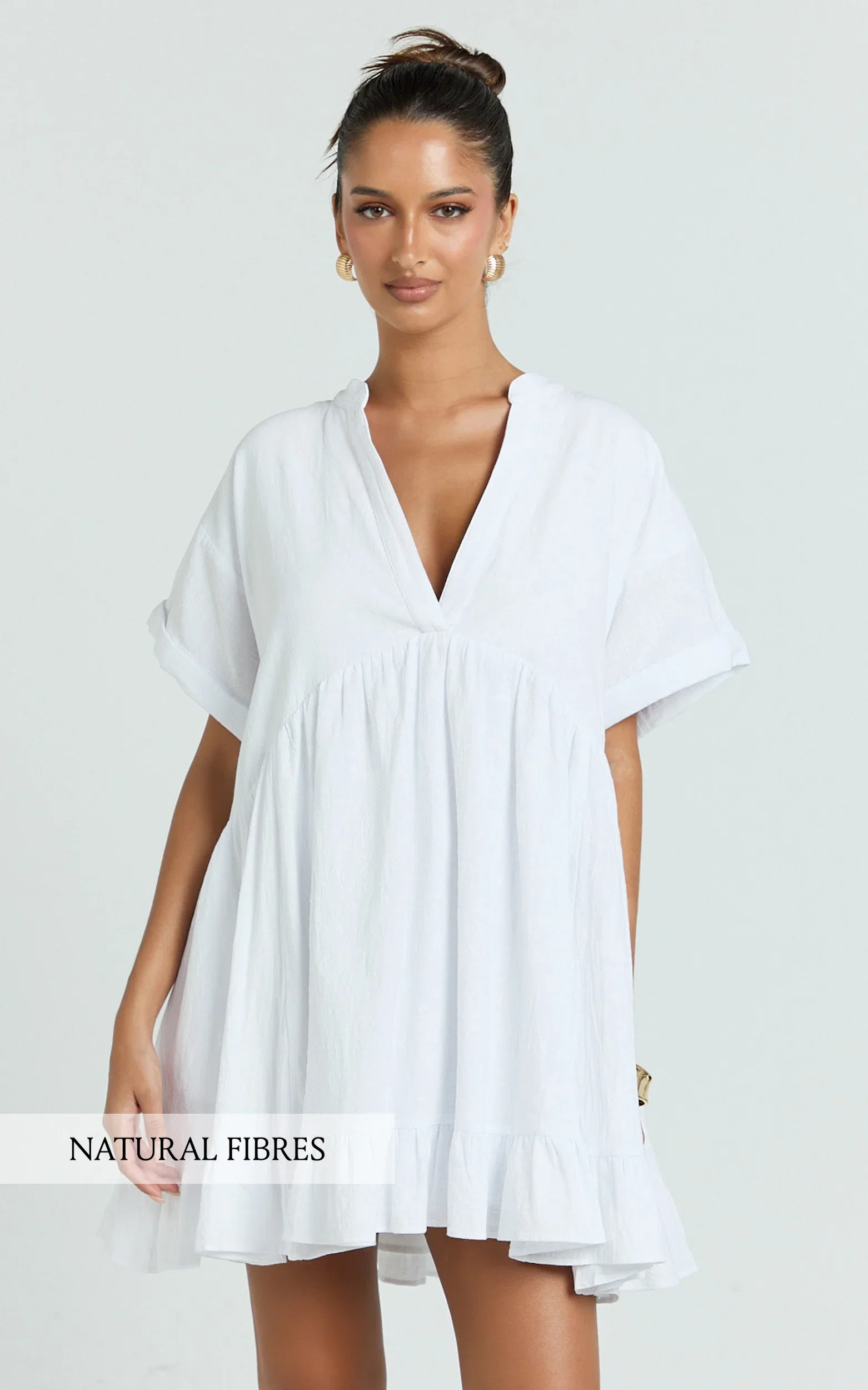 Calissa Mini Dress - Frill Hem Smock Dress in White