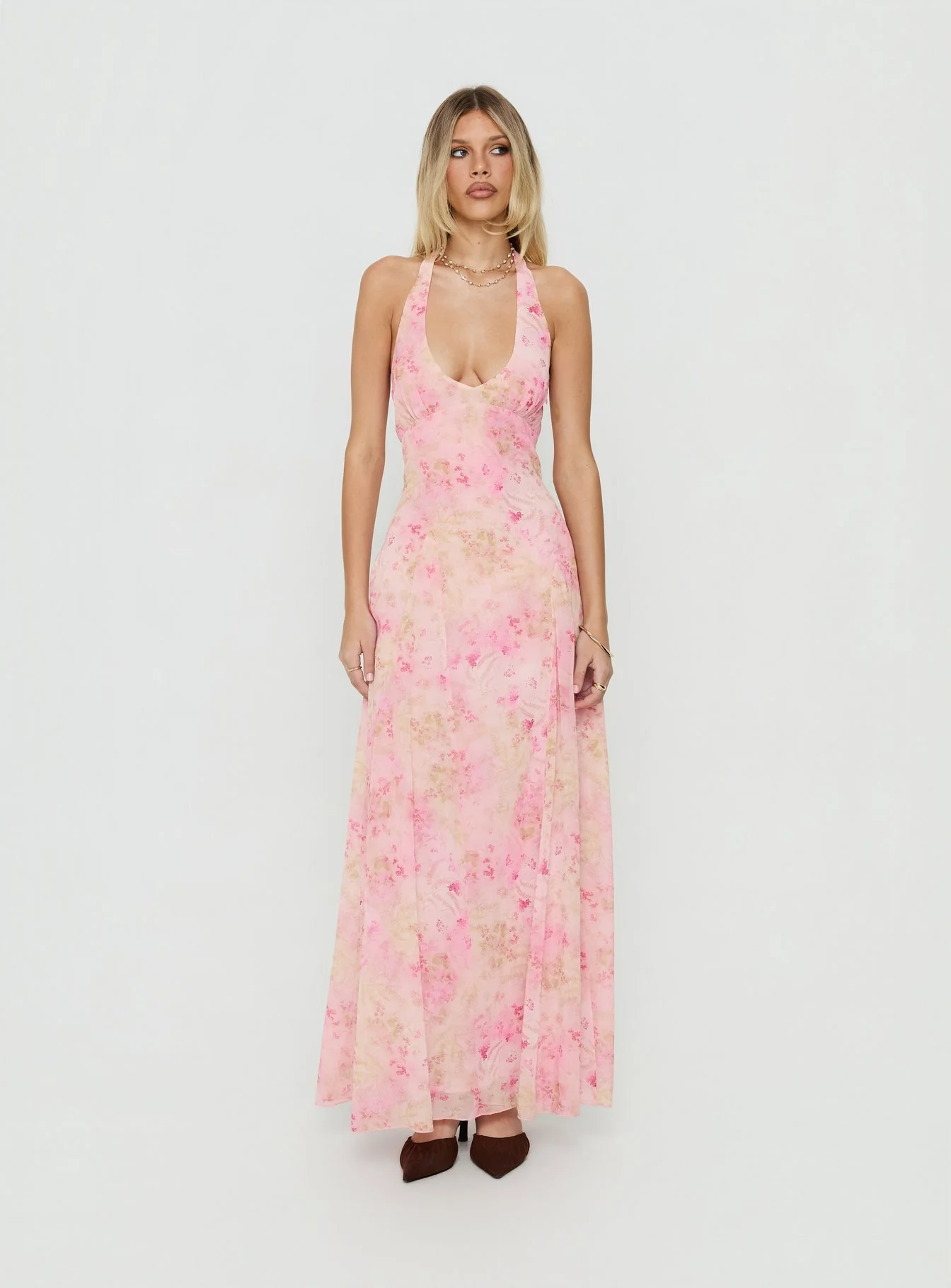 Dandelions Halter Maxi Dress Pink Floral