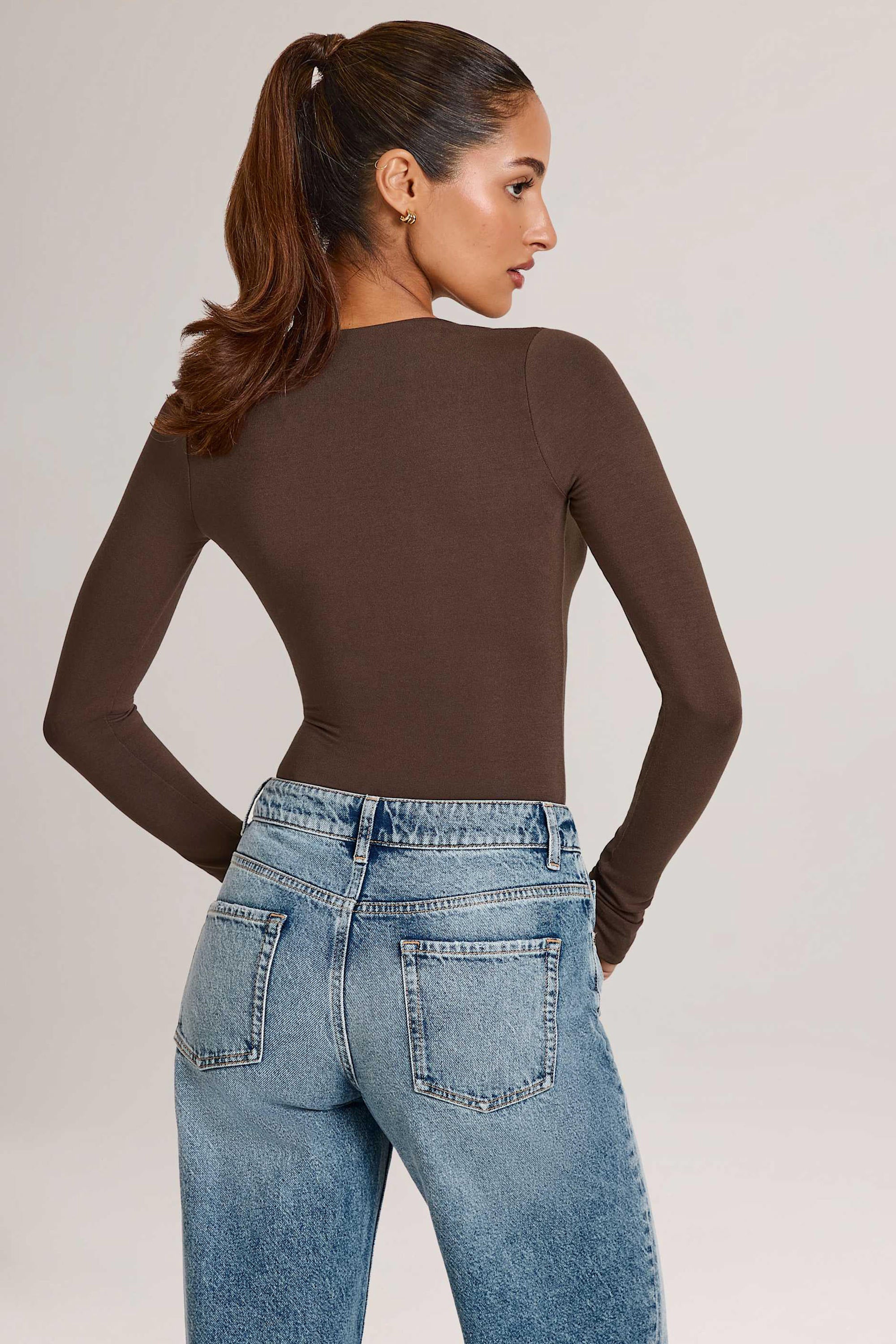 Modal Plunge Long-Sleeve Bodysuit in Chocolate Brown