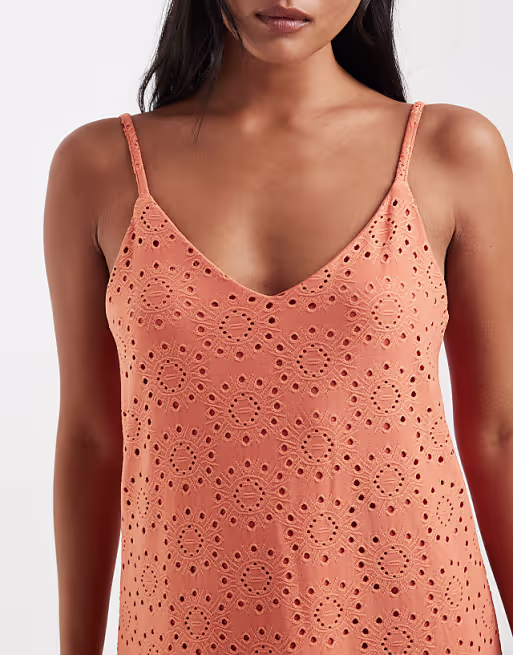 Vero Moda Petite floral eyelet jersey cami maxi dress in orange