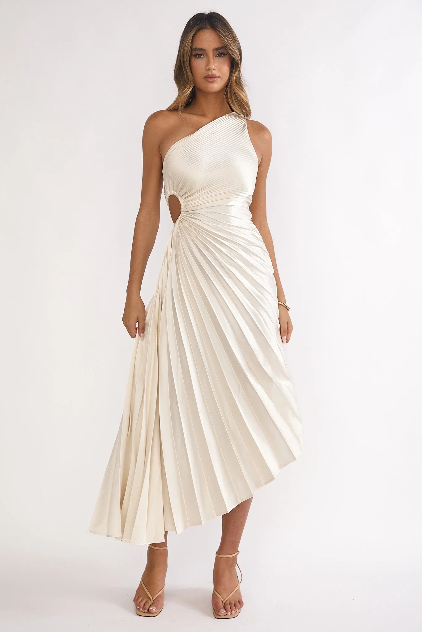 Brooklynn One-Shoulder Accordion Pleat Dress Champagne