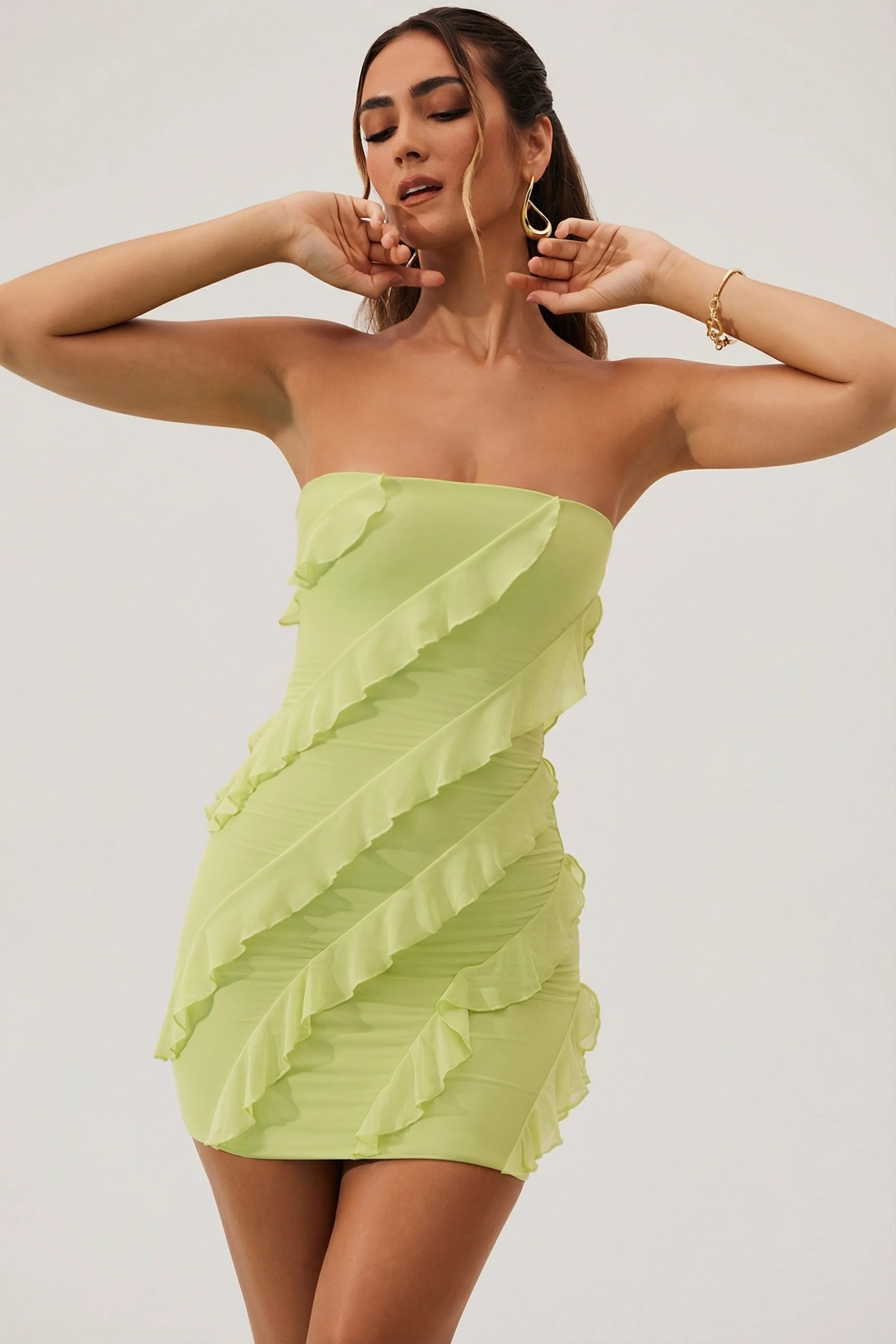 Bandeau Ruffle Detail Mini Dress in Lime Green