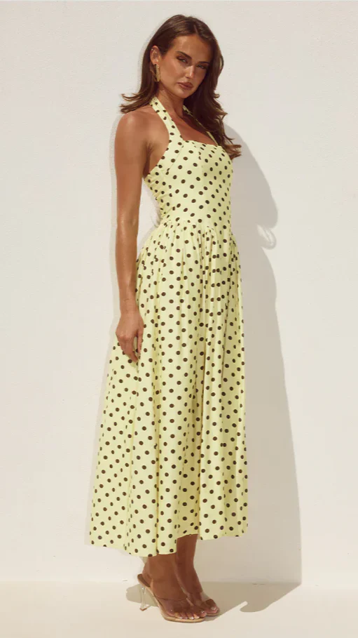 Sammi Halter Midi Dress - Lemon/Choc Polka