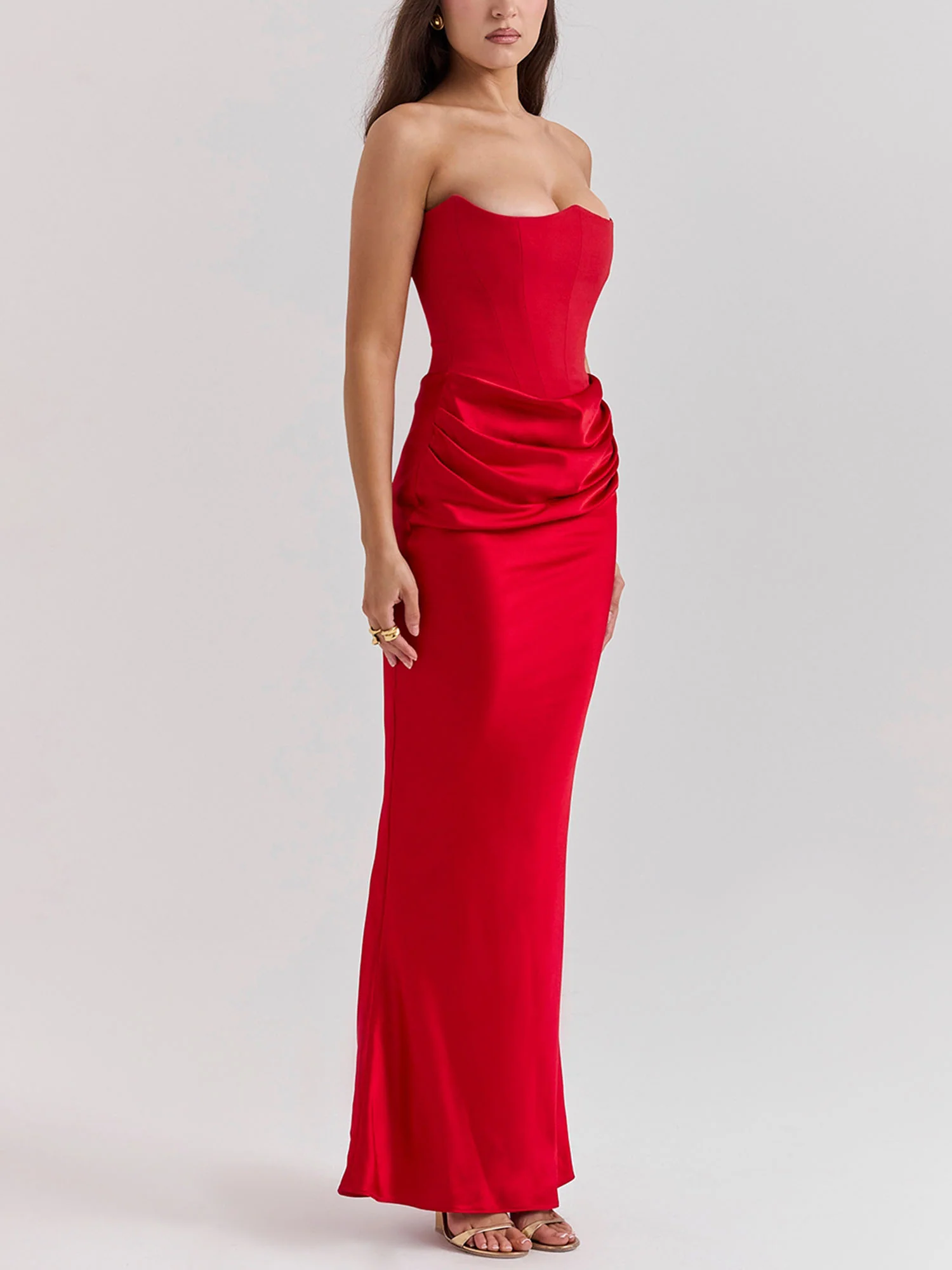 Red Strapless Draped Bodycon Maxi Dress