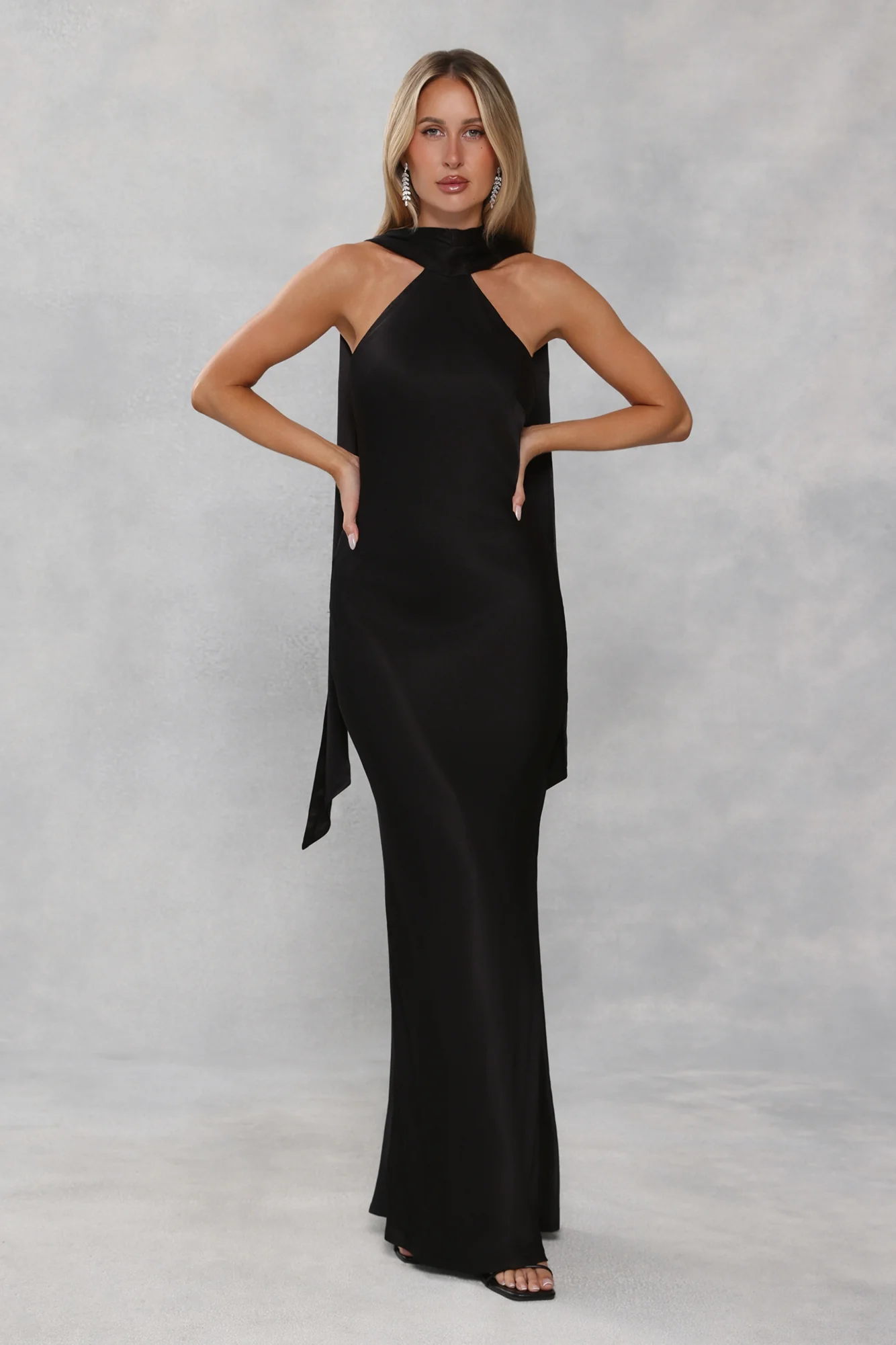 The Vivia Halter Satin Maxi Dress Black