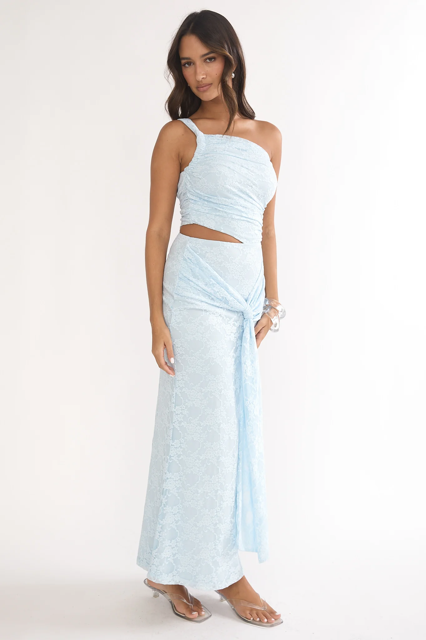 Luli One-Shoulder Cut-Out Maxi Dress Textured Light Blue - luluinthesky