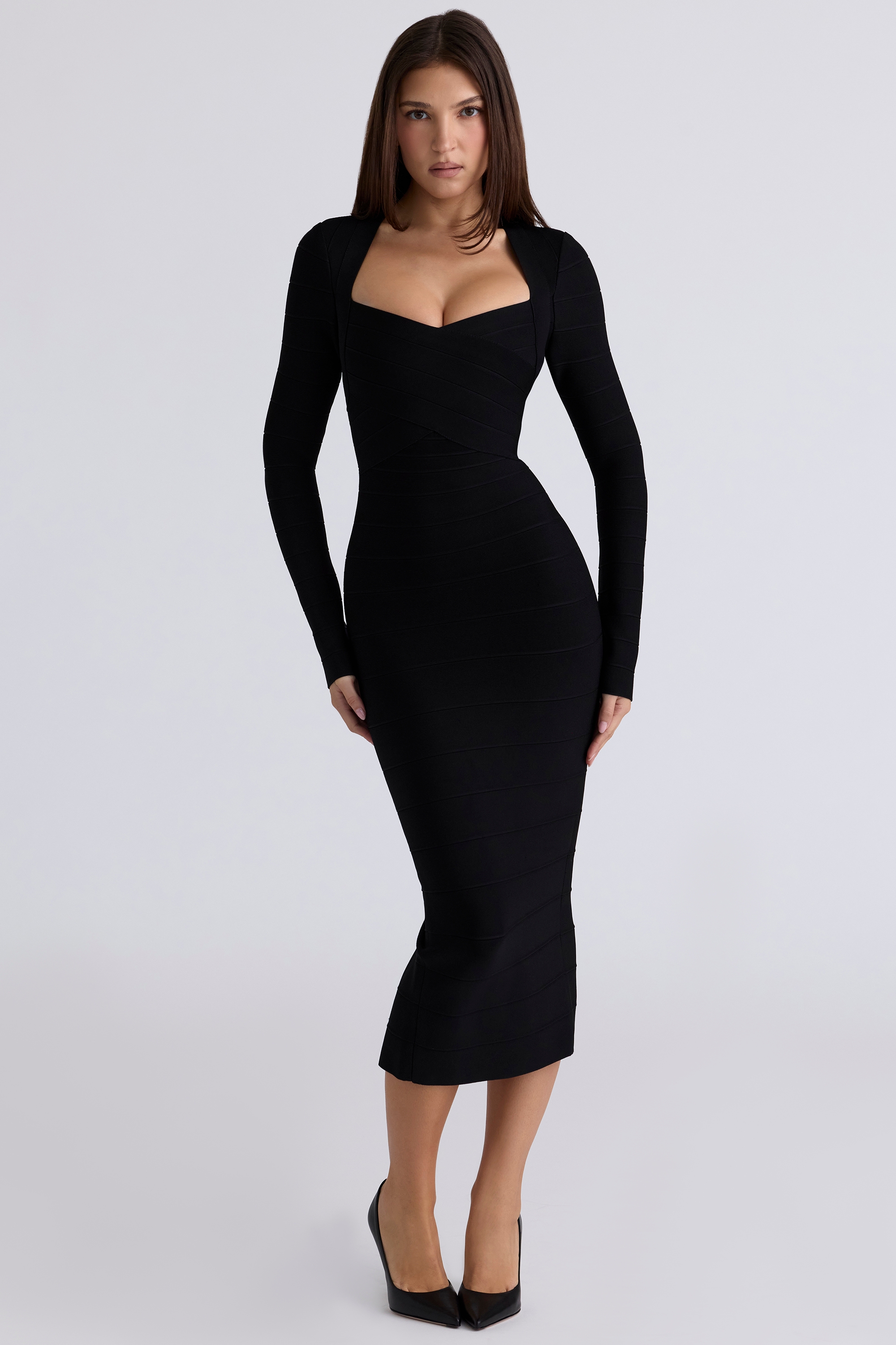 black long sleeve bandage midi dress