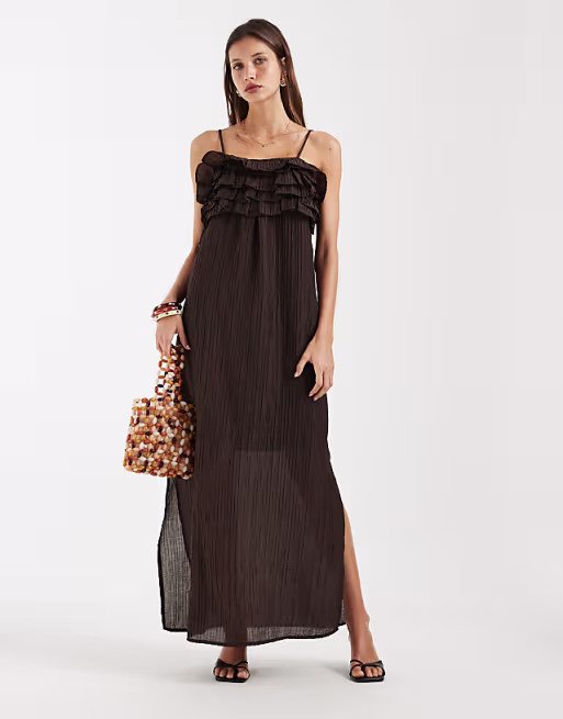 Object textured ruffle layered detail cami maxi dress in chocolate