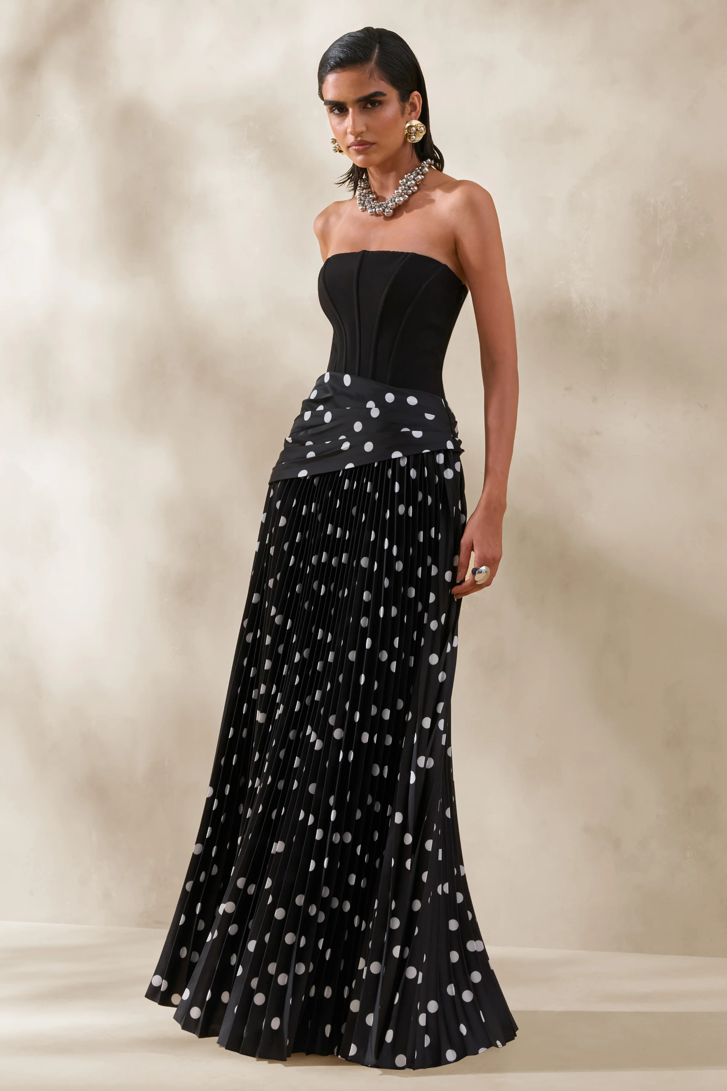 Valerisse | Black And White Polka Dot Bandeau Maxi Dress