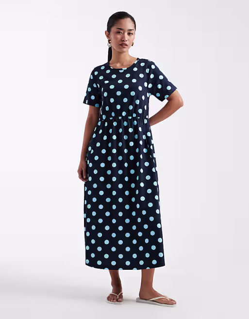 Threadbare jersey short sleeve midi dress in navy and blue polka-dot print