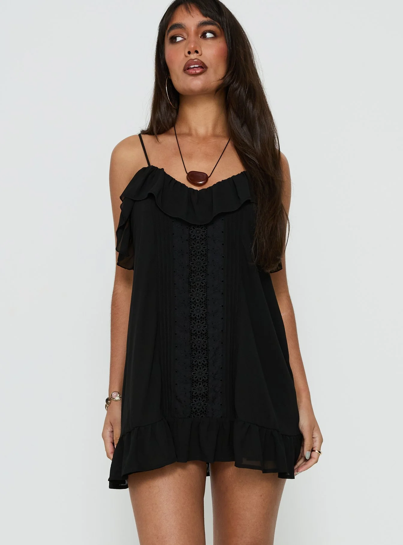 Somnielle Frill Lace Detail Mini Dress Black