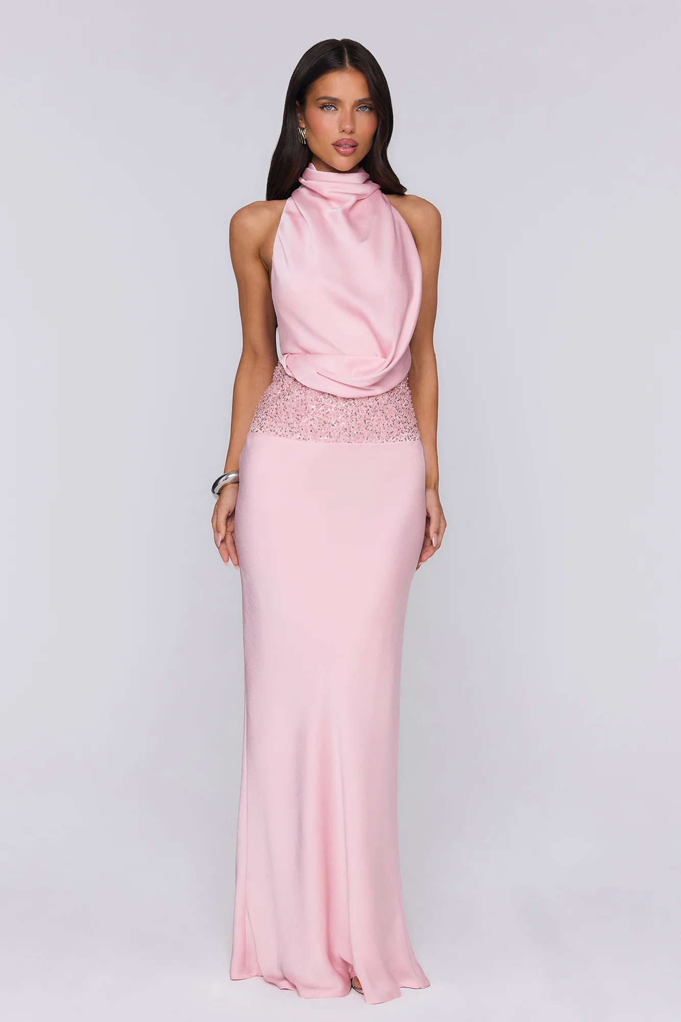 Gossip And Glitter Halter Satin Maxi Dress Blush