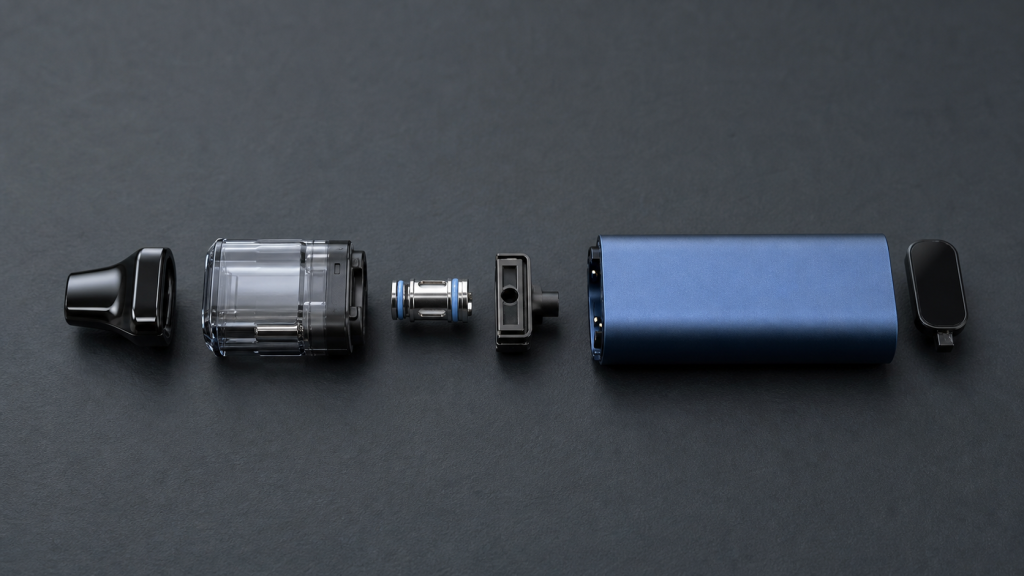 Generic vape components arranged in an exploded-view layout