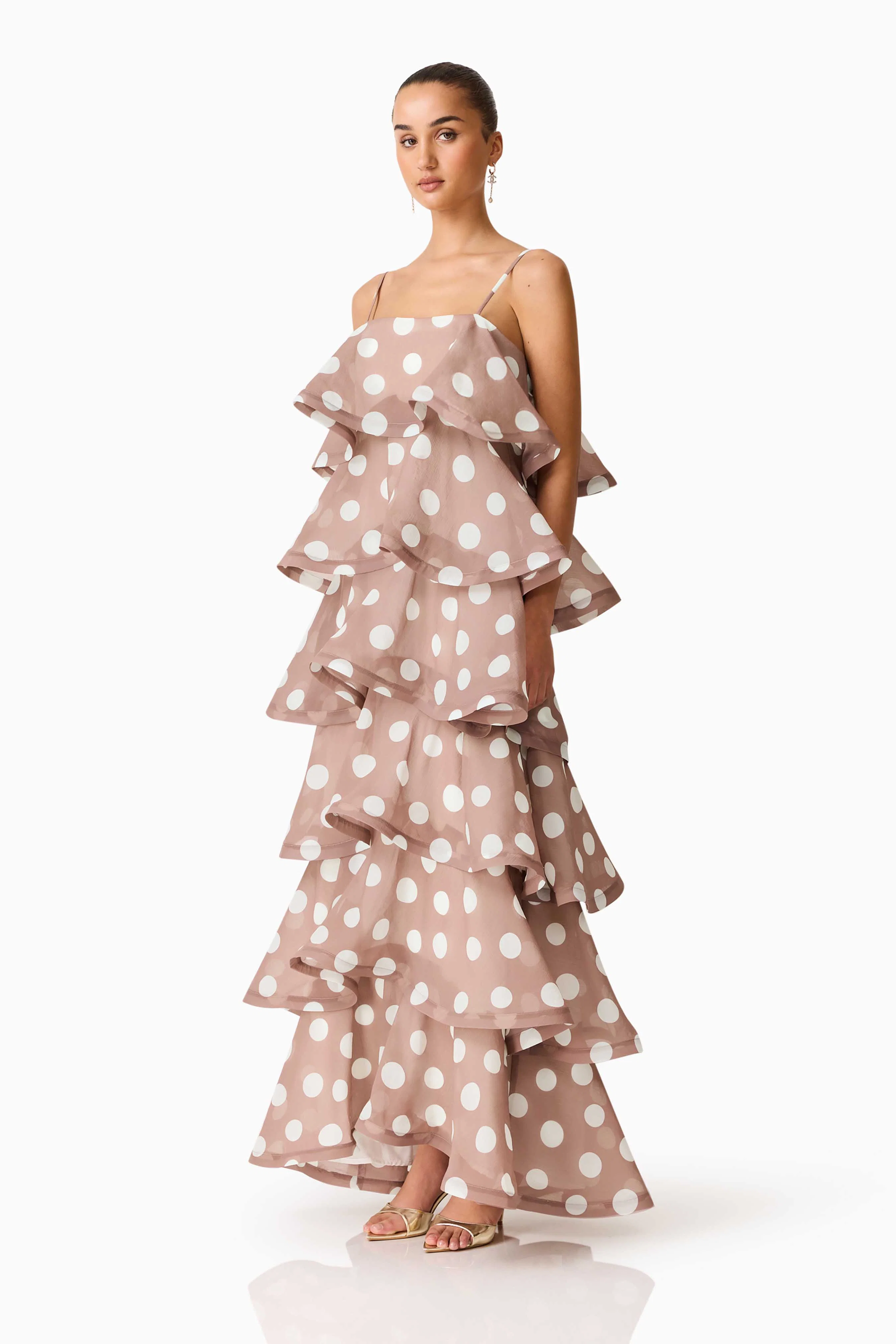 Sola Tiered Maxi Dress in Brown Polkadot