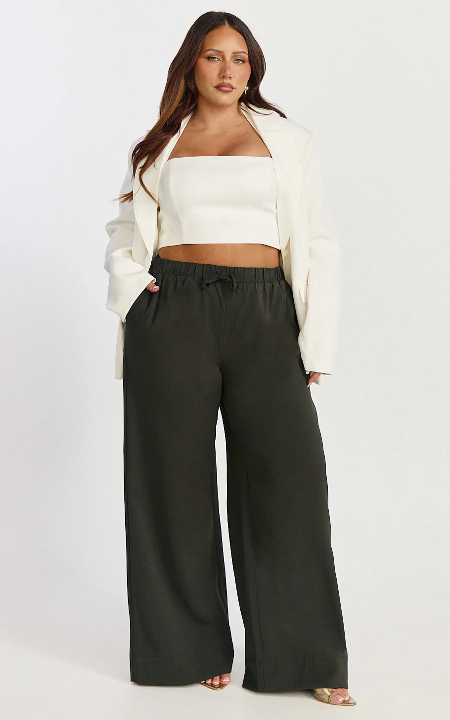 Nicole Pants - High Waist Elasticated Gathered Waist Wide Leg Pants in Chocolate