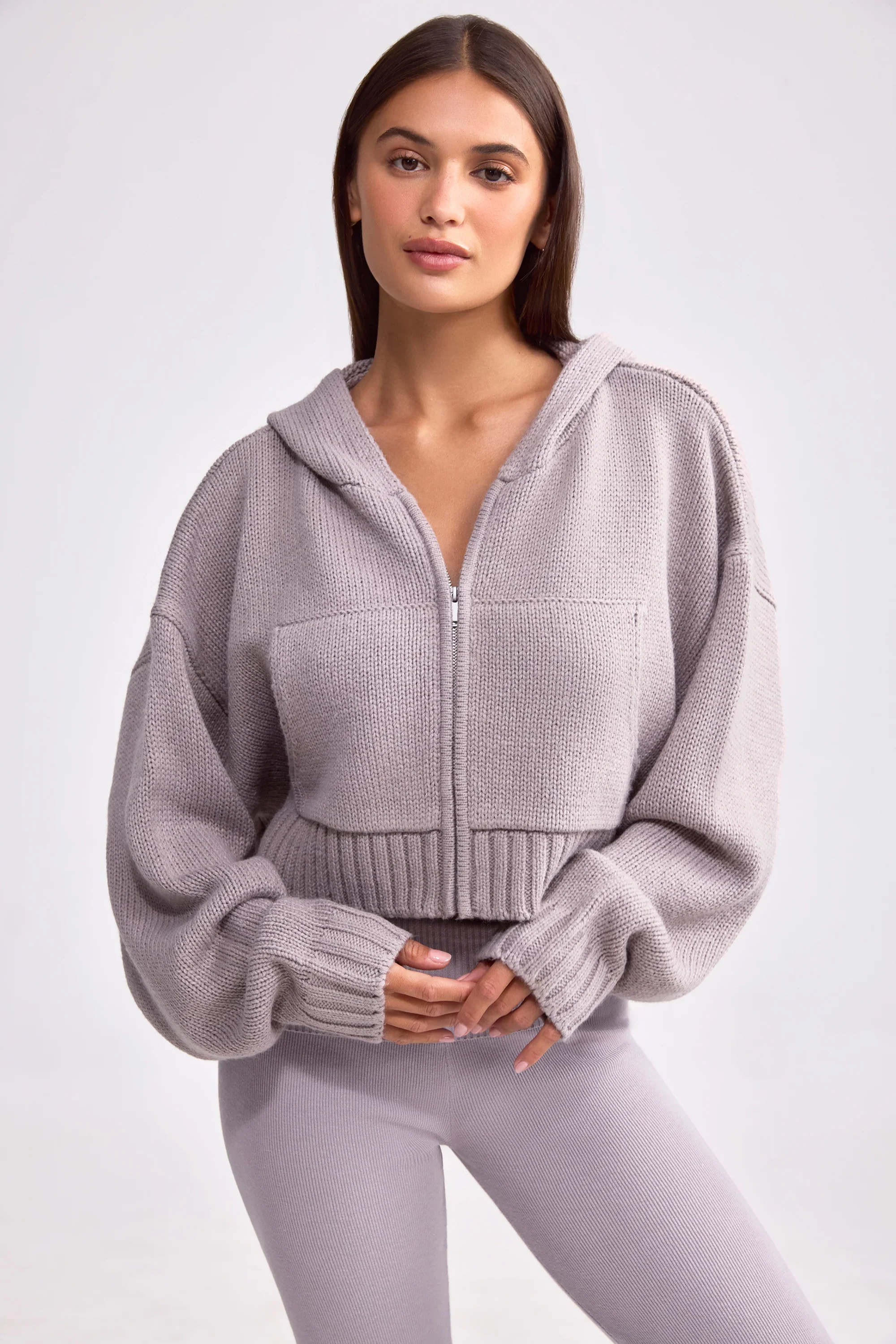 Cropped Zip-Up Chunky Knit Hoodie in Dusty Lavender