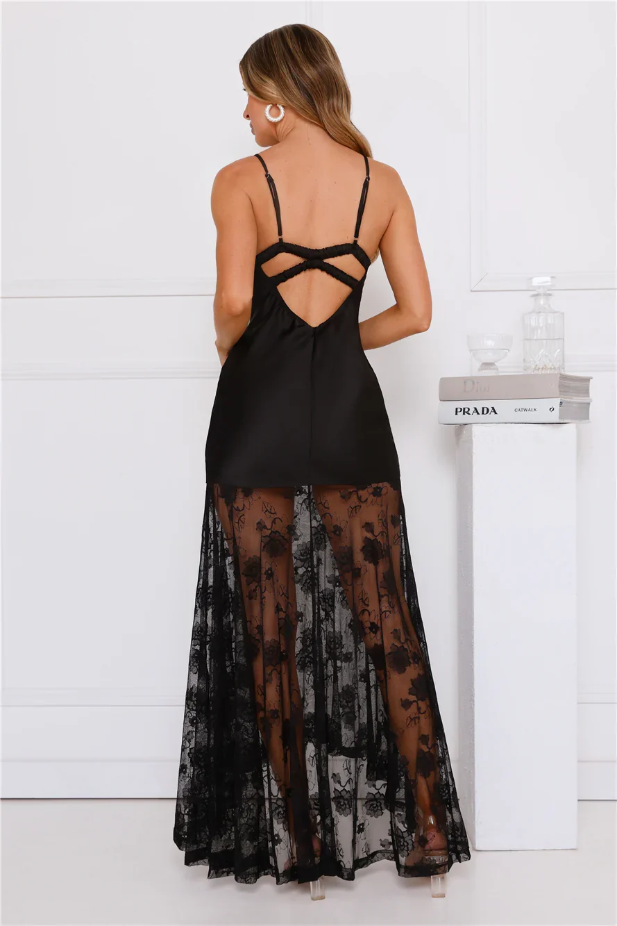 Outgoing Satin Lace Maxi Dress Black