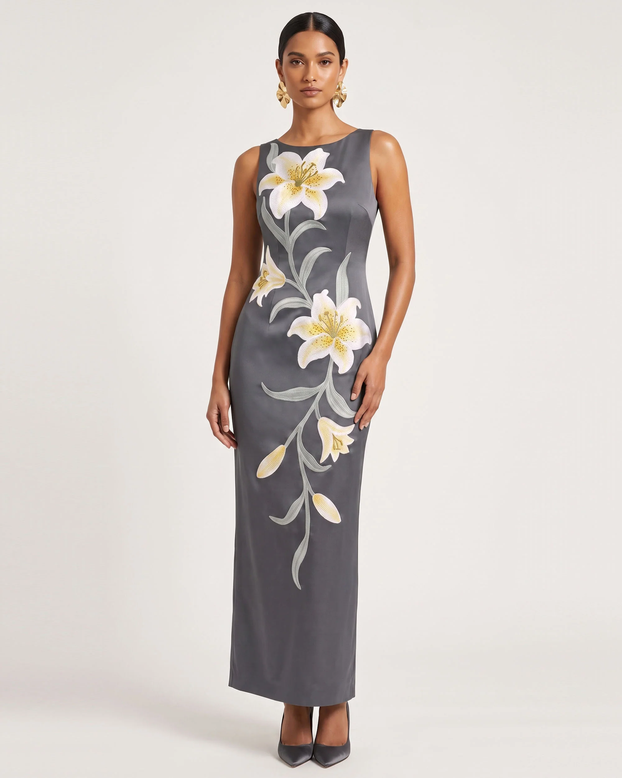 Lily Floral Print Sleeveless Column Maxi Dress - Grey