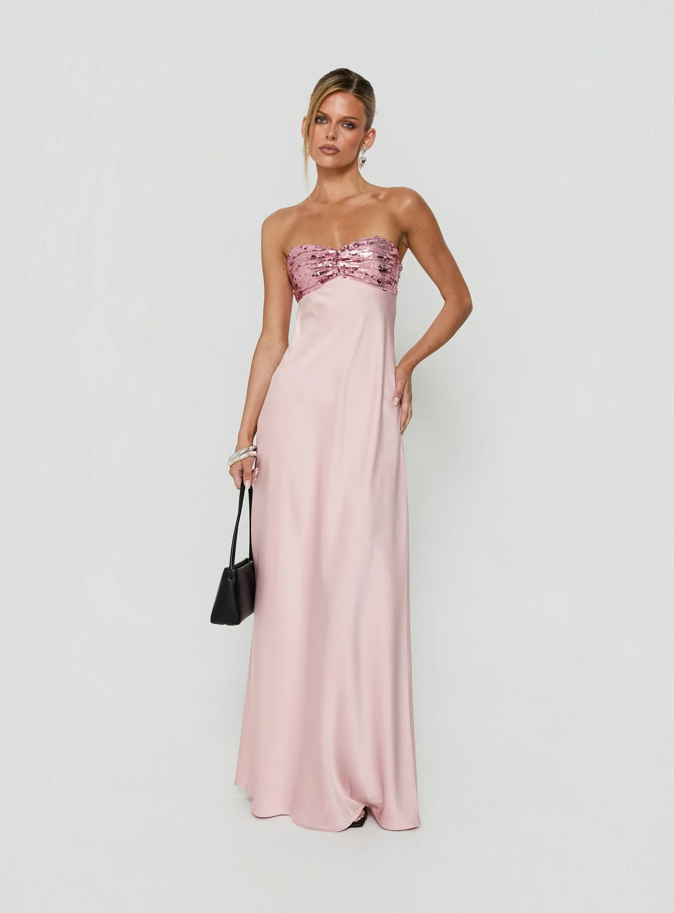 See The Vision Sequin Bust Strapless Maxi Dress Pink - luluinthesky