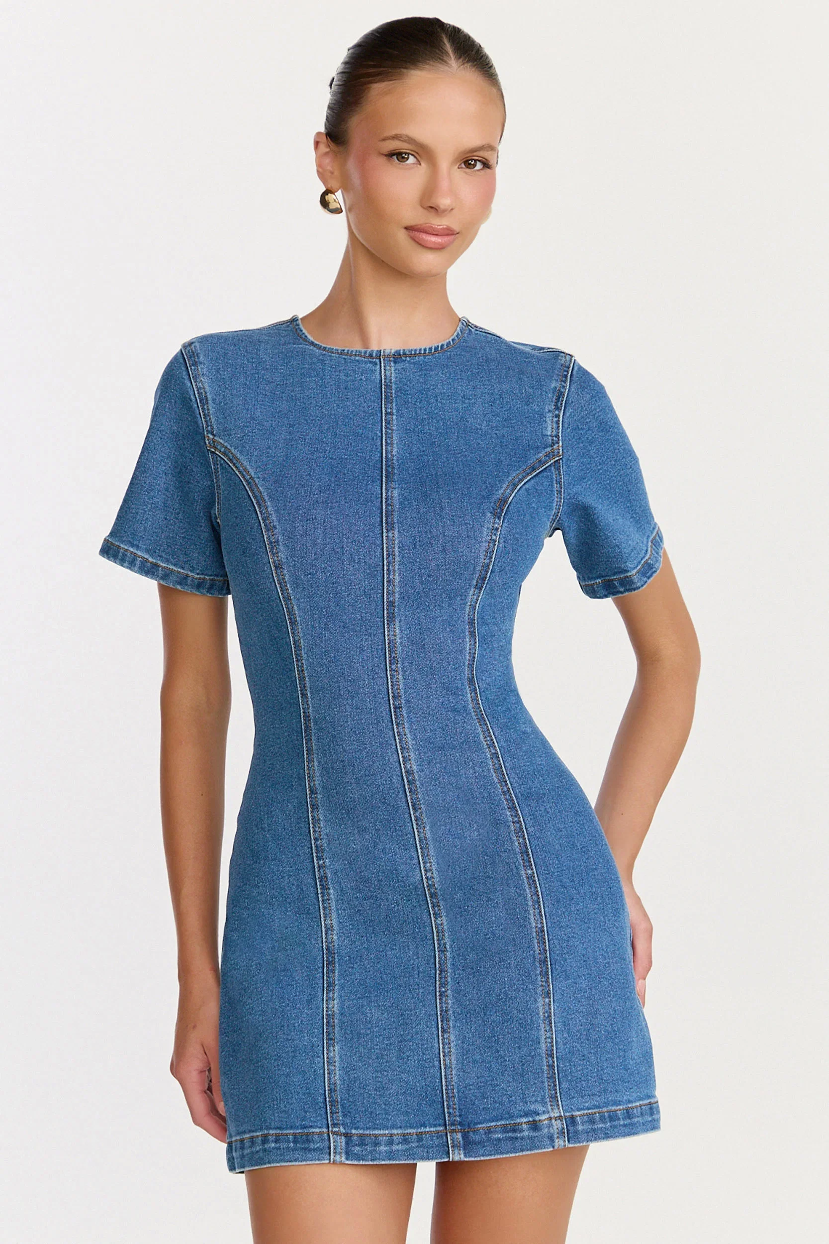 Camellia Mini Dress - High Neck A Line Dress in Mid Blue Wash